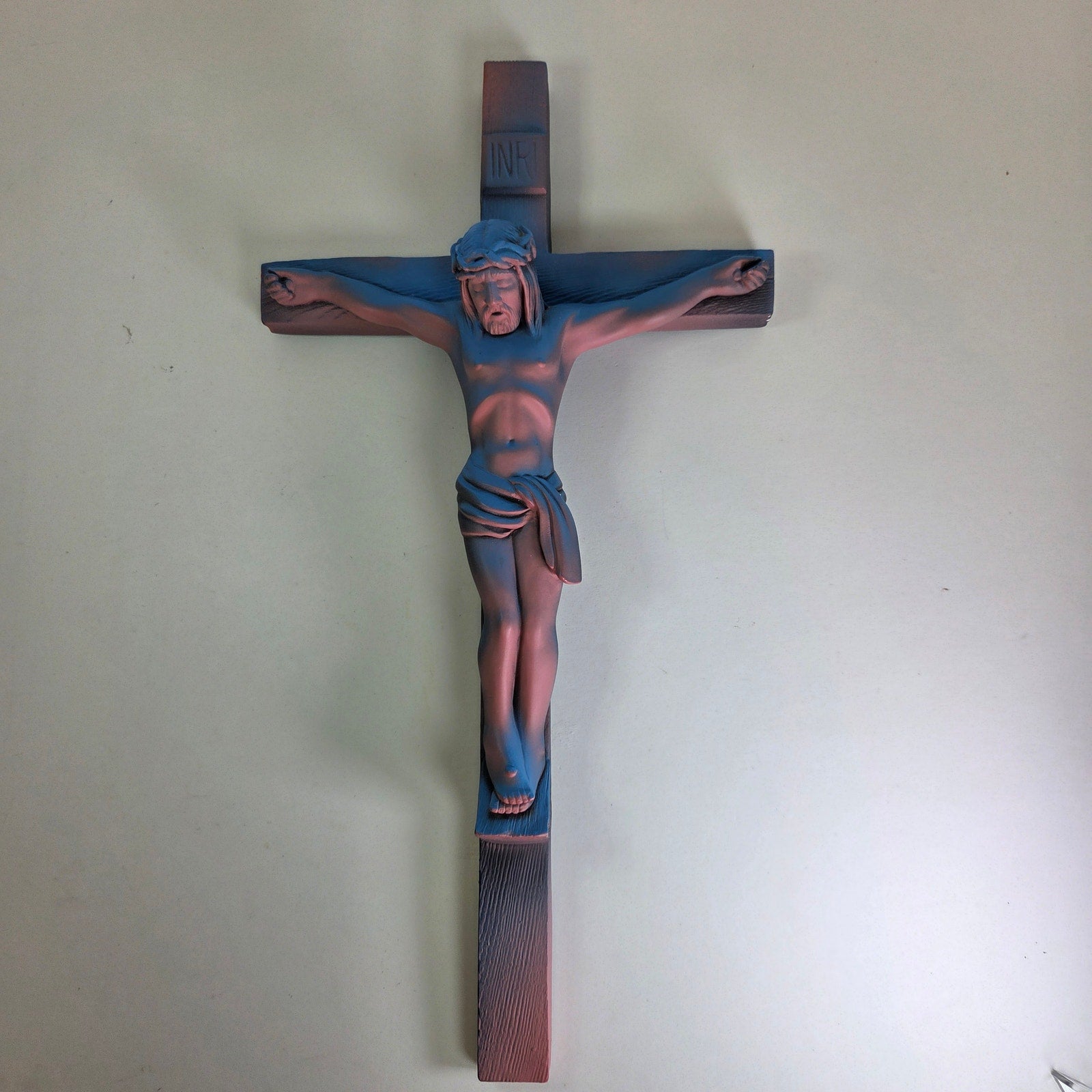 Vintage 15" Resin Crucifix Wall Cross – Pink & Blue Gradient Jesus Figure, INRI