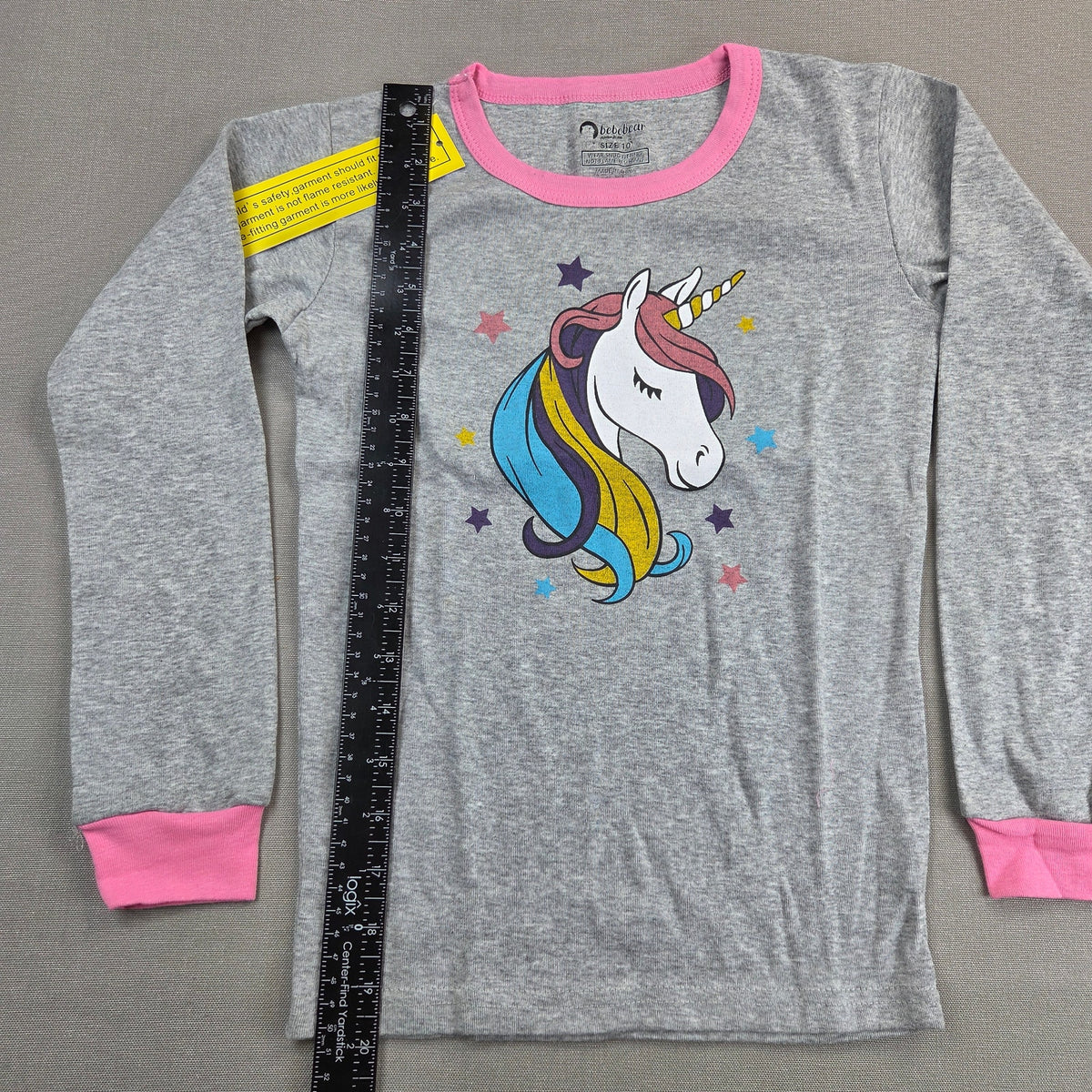 Bebebear Girls Size 10 Unicorn Pajama Set Gray Pink Cotton Snug Fit 2 Piece