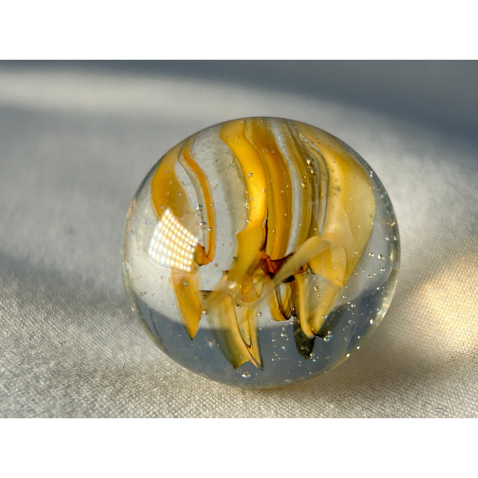 Handmade Art Glass Marble Yellow Ribbon Swirl Clear Base 0.95 Inch