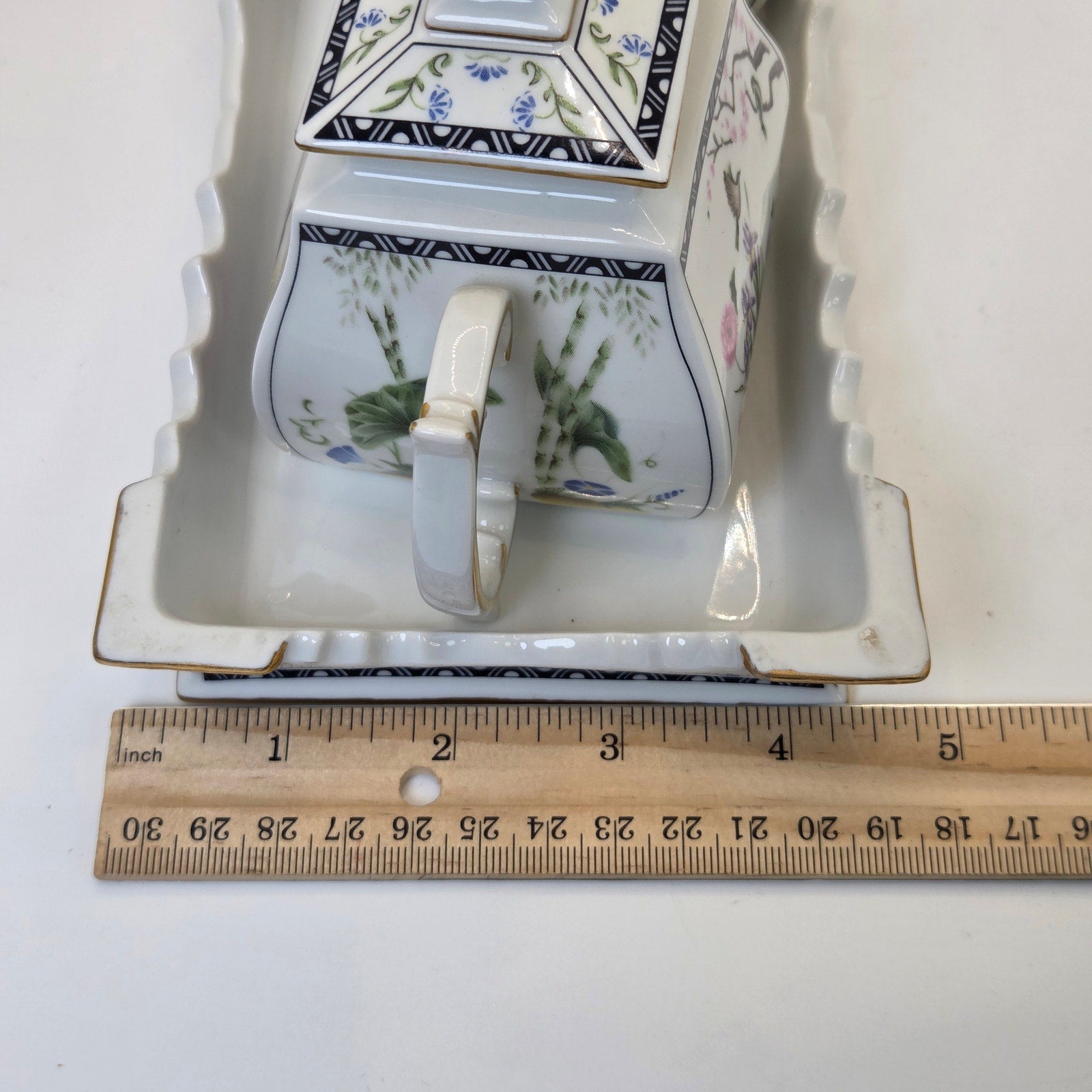 Franklin Mint 1989 Porcelain Sugar & Creamer Set w Tray Flowers Birds Gold