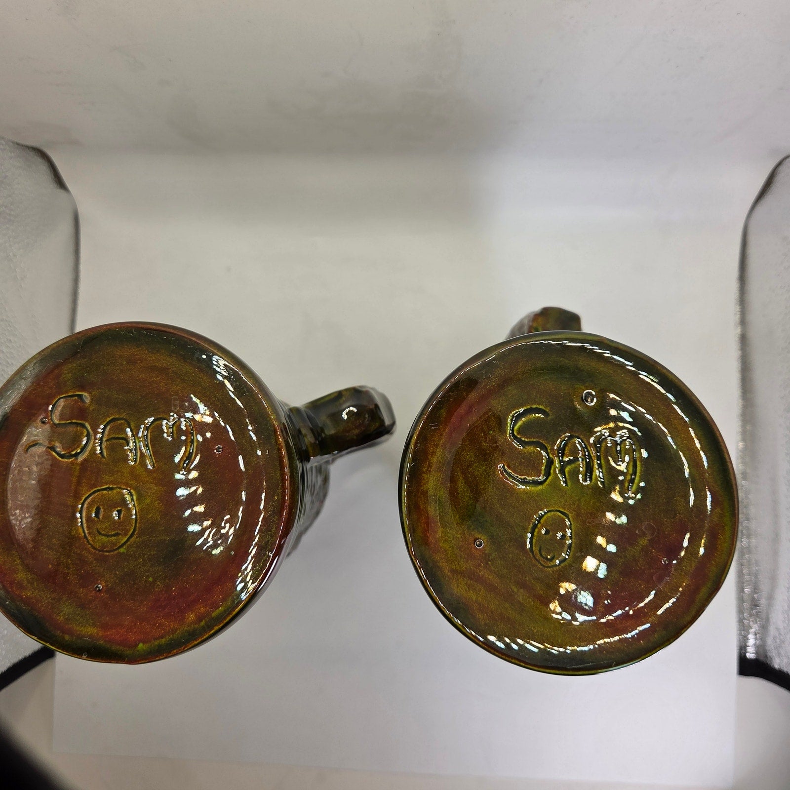 Vintage German Style Beer Steins Pair Signed “Sam :)” 8.5” Brown Glaze