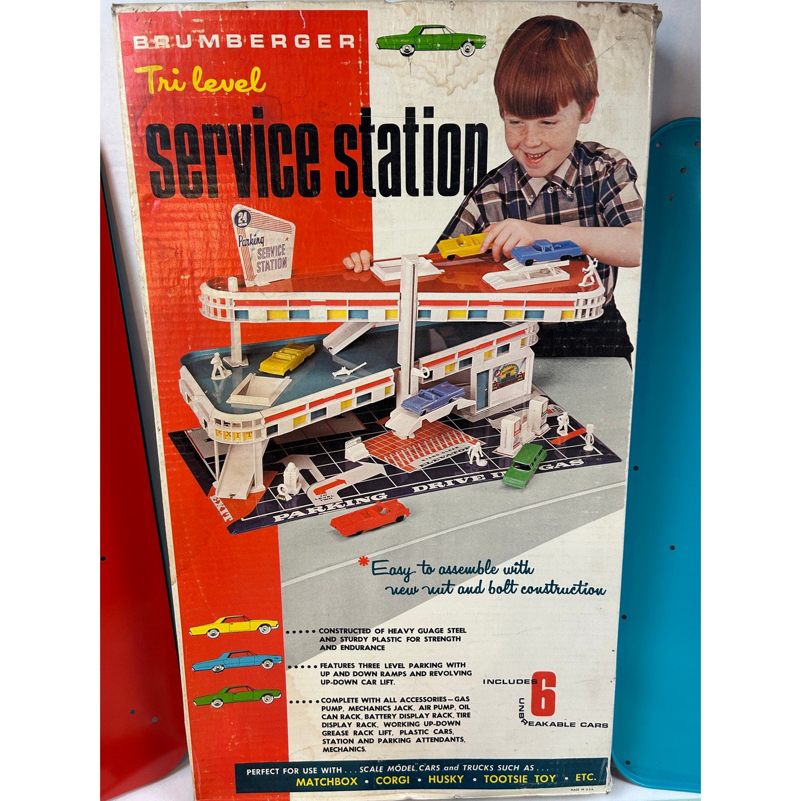 Vintage 1960s Brumberger Tri‑Level Service Station Steel Construction Set w/ Box