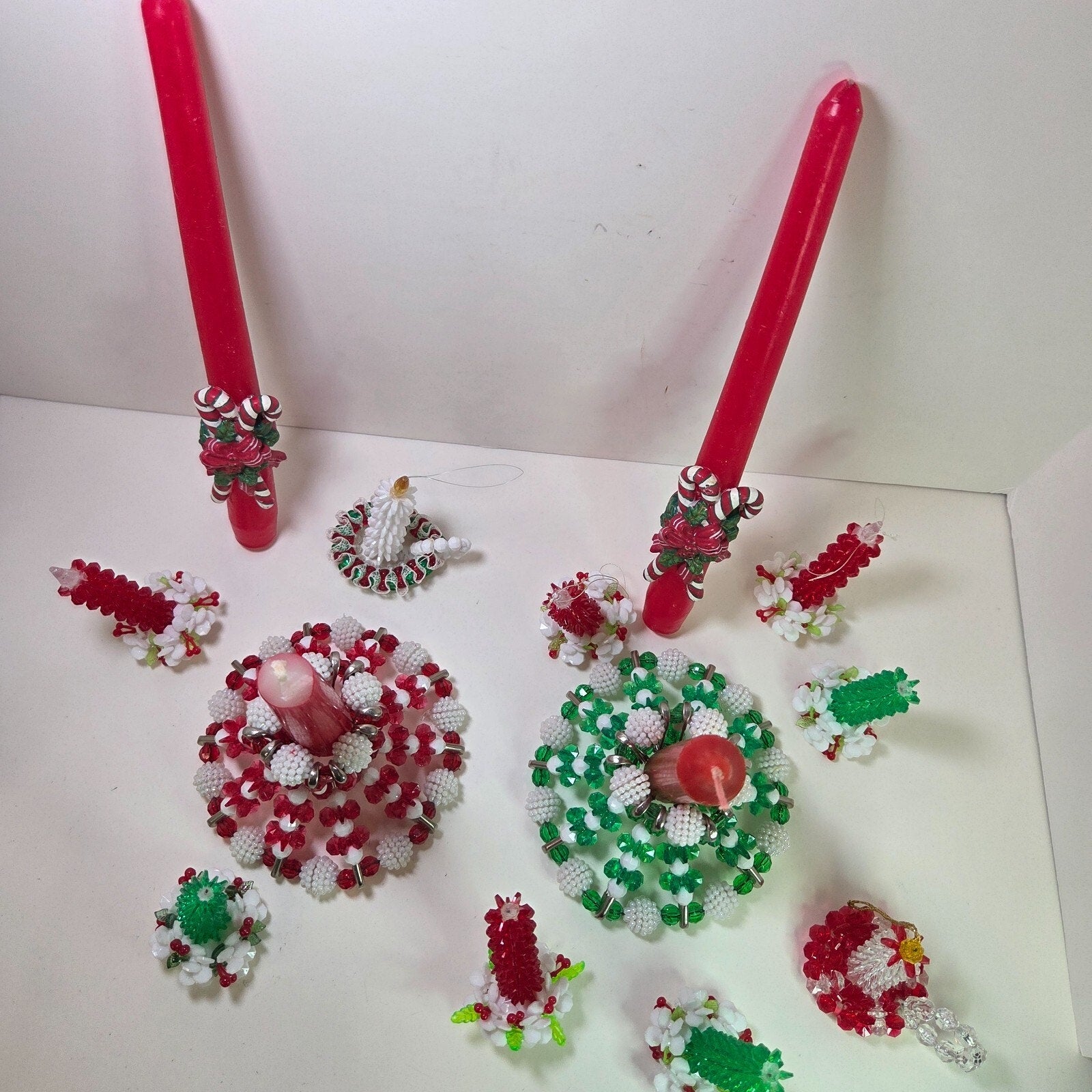 Vintage Beaded Christmas Candle Holders & Ornaments Lot of 13 + Candles