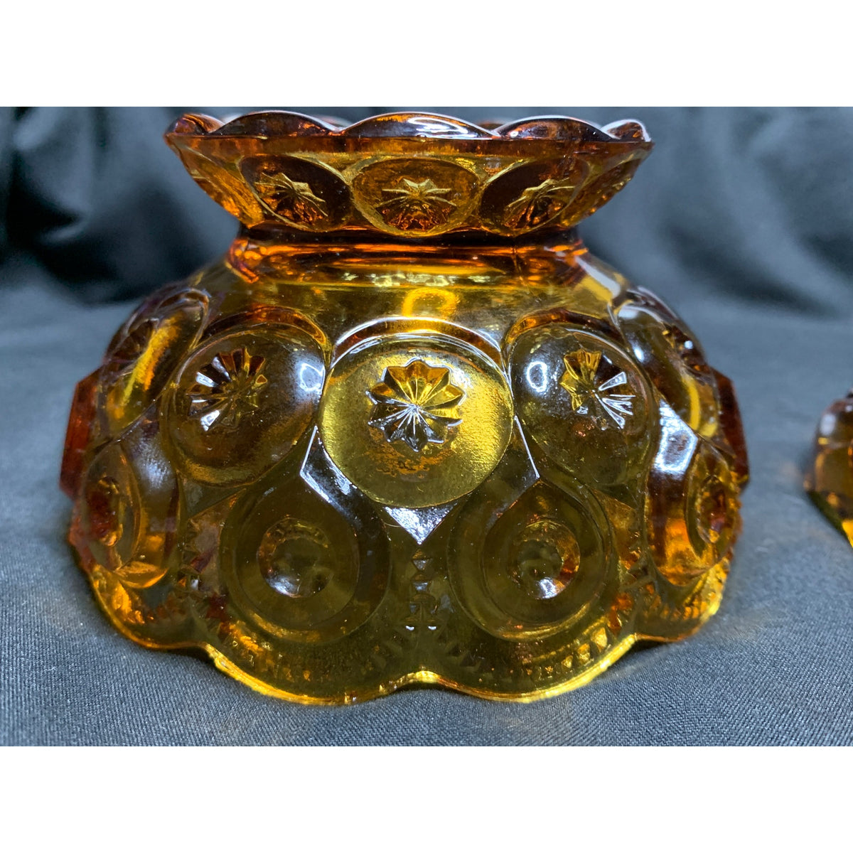 Vintage L.E. Smith Moon & Stars Amber Glass Covered Candy Dish Compote