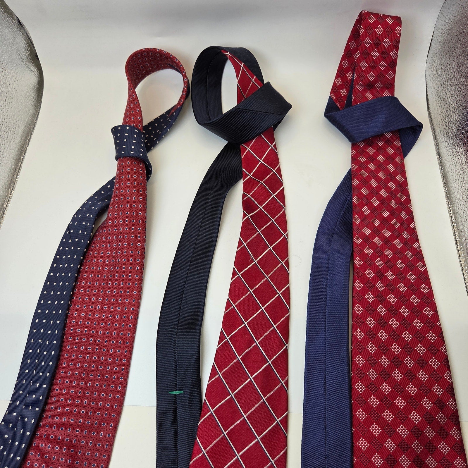 Tommy Hilfiger 3pc Silk Tie Lot Red Check Dot Classic Contrast Tips 58x3.75 USA