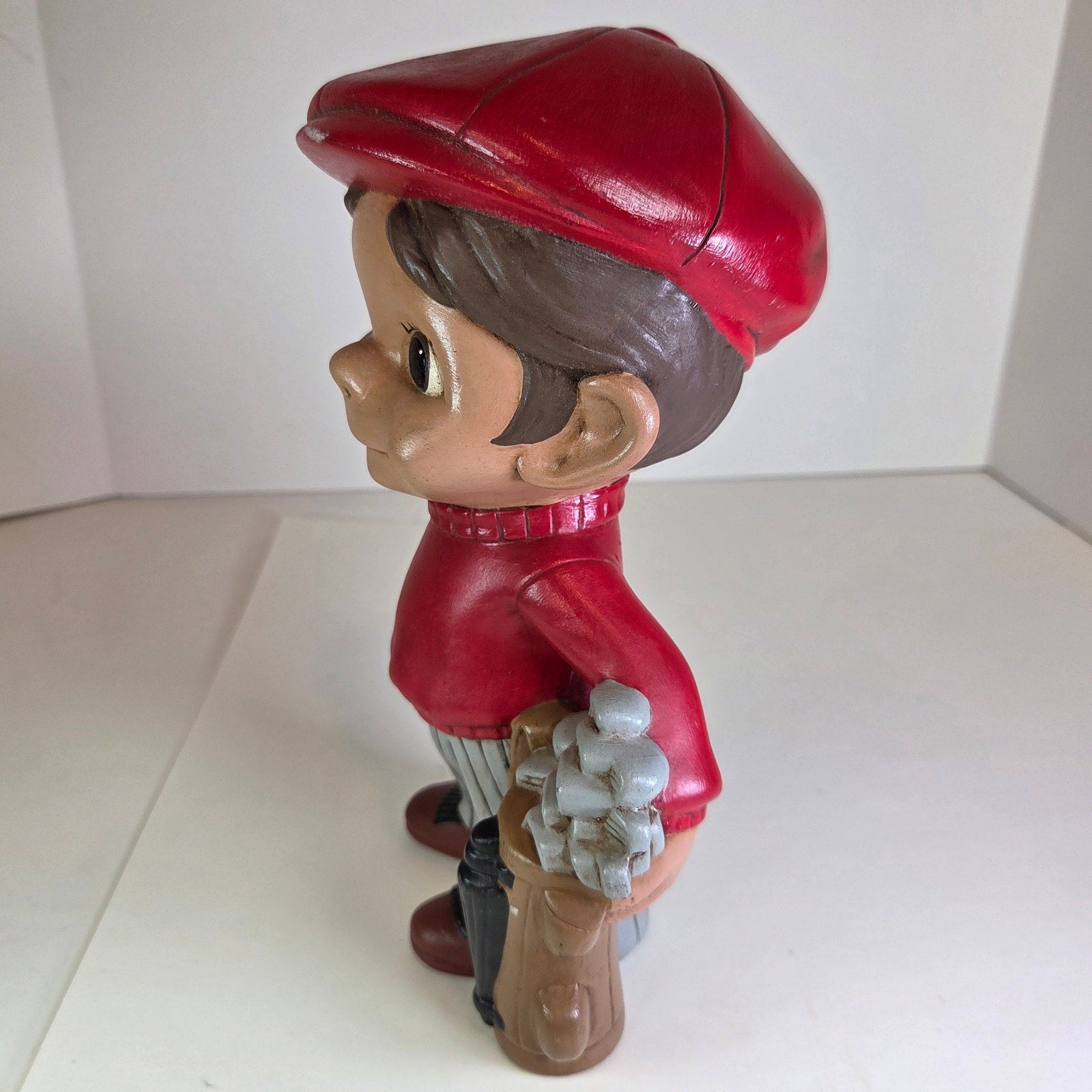 Vintage Monico Ceramics Golfer Boy Figurine Red Cap Golf Bag 1970s 9.75” Tall