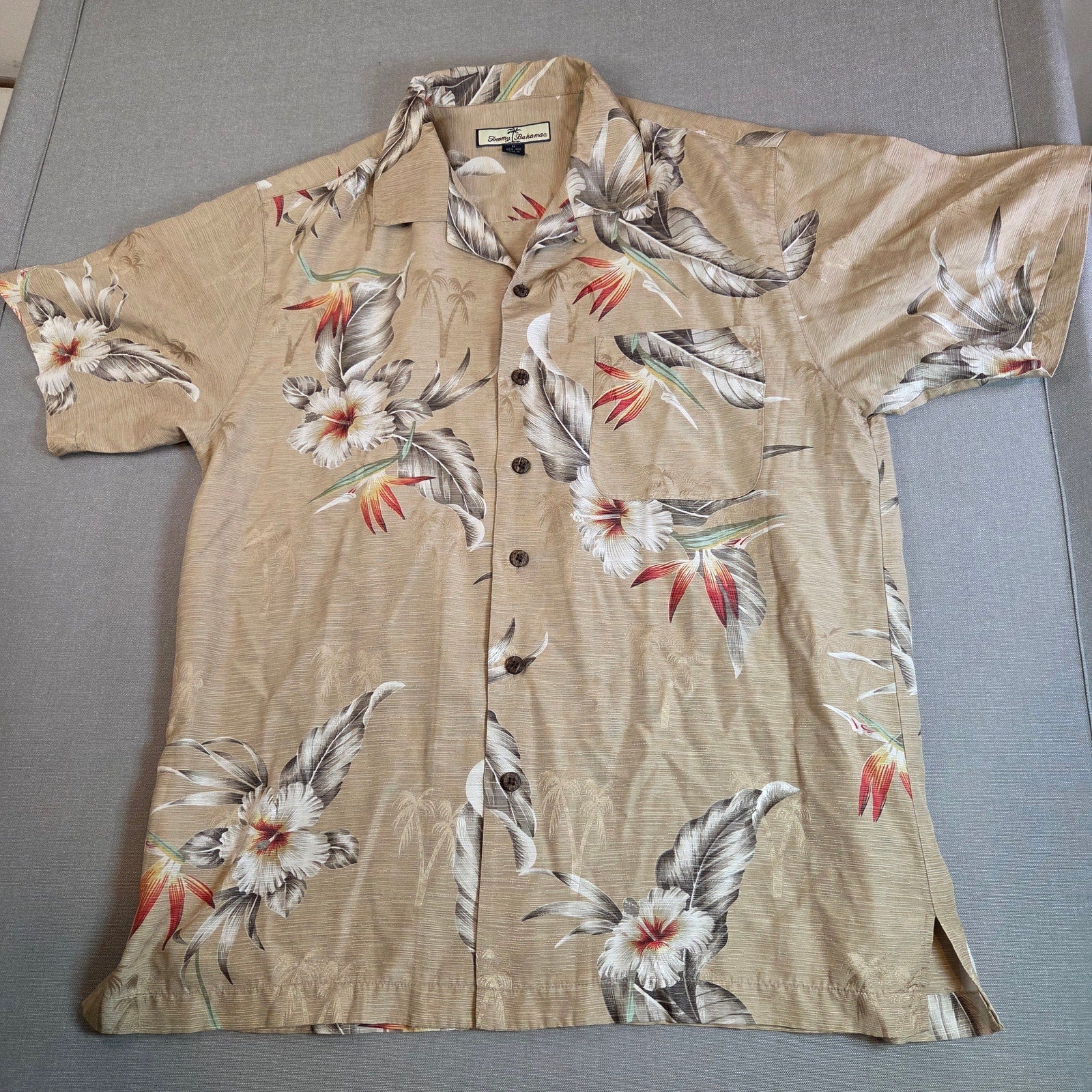 Vintage Tommy Bahama Relax Silk Camp Shirt Men’s M Tan Floral Hawaiian Top