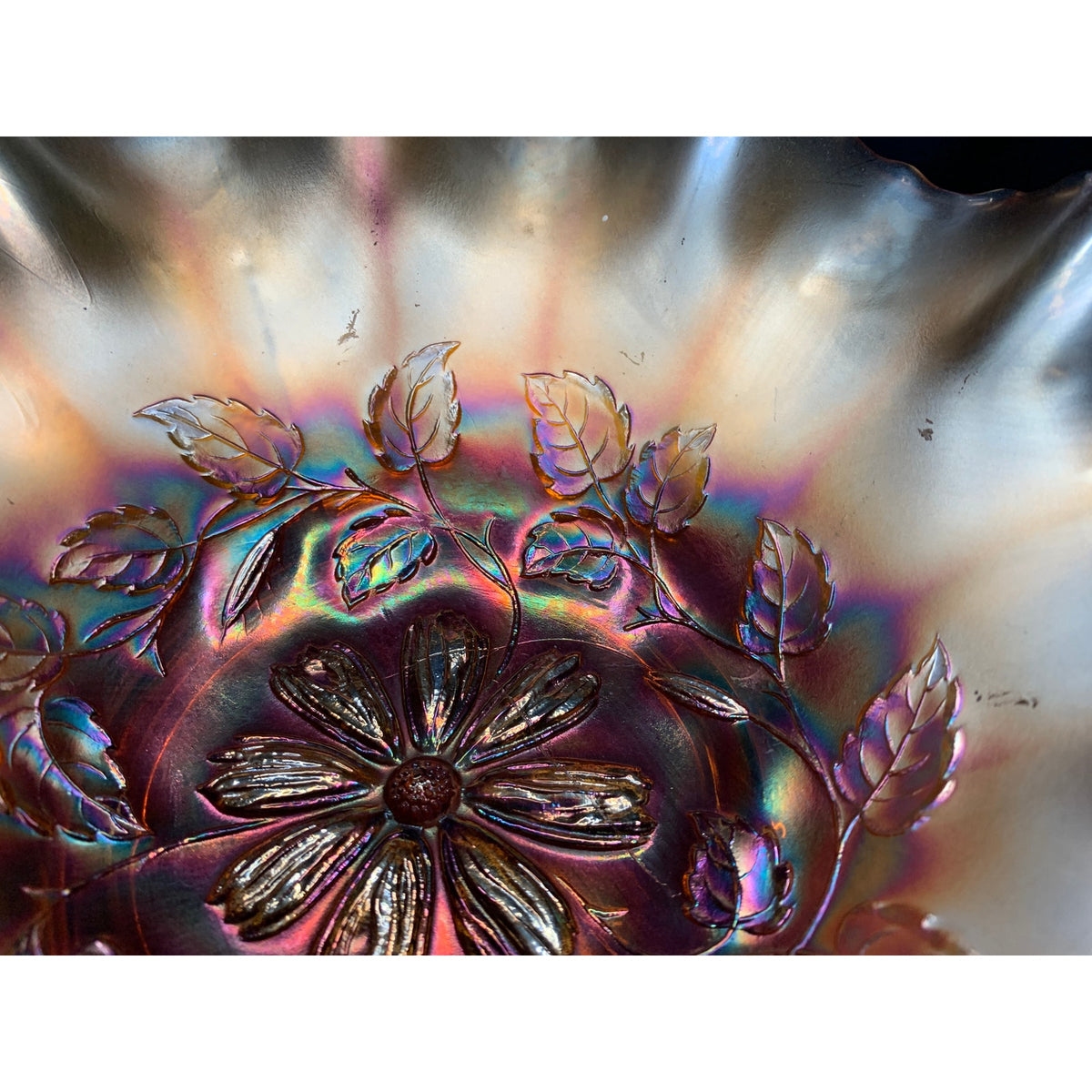 Antique Dugan Cosmos Variant Marigold Carnival Glass Ruffled Bowl 1910s