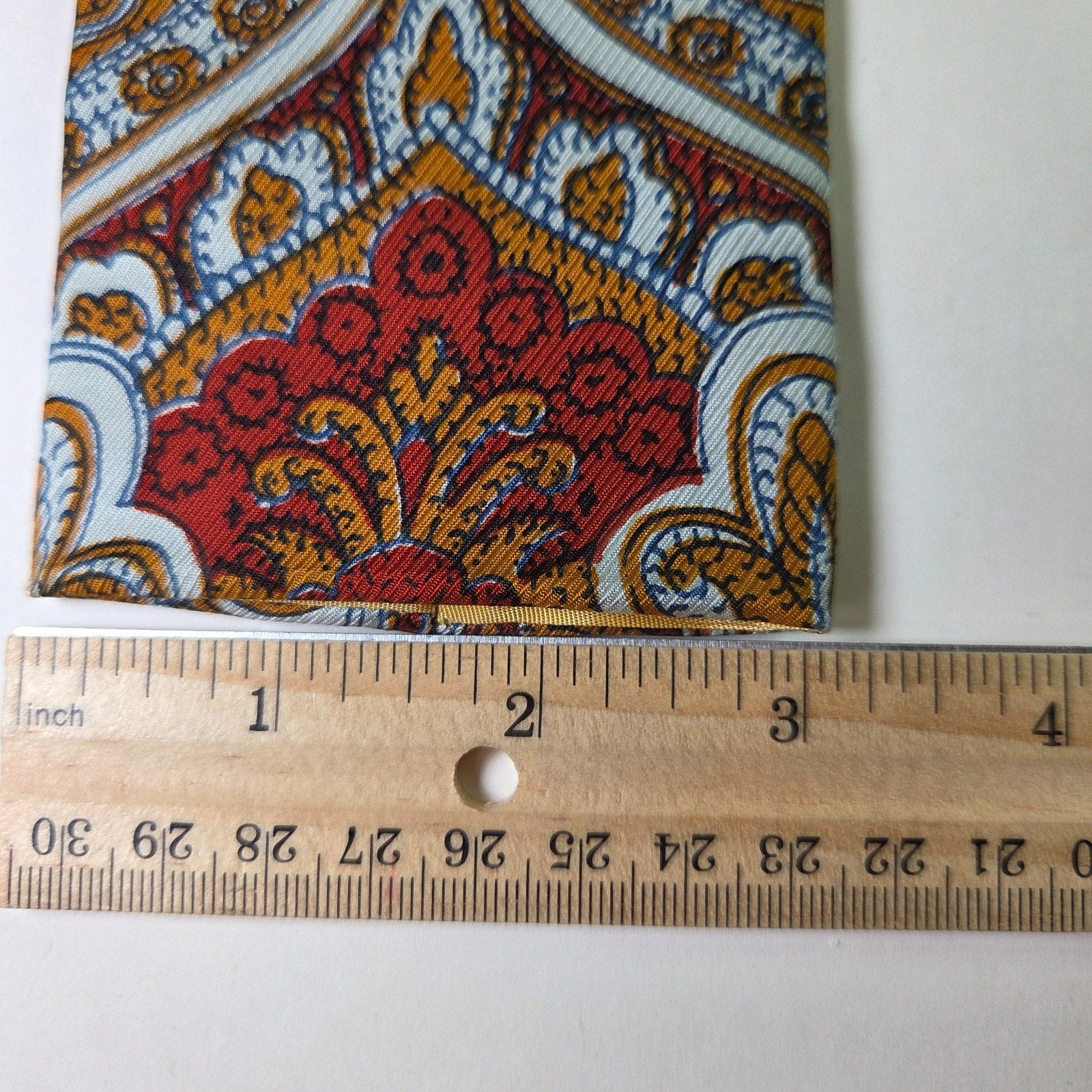 Vintage Rooster Flat Tip Tie Paisley Red Gold White Hand Printed USA 3.25"