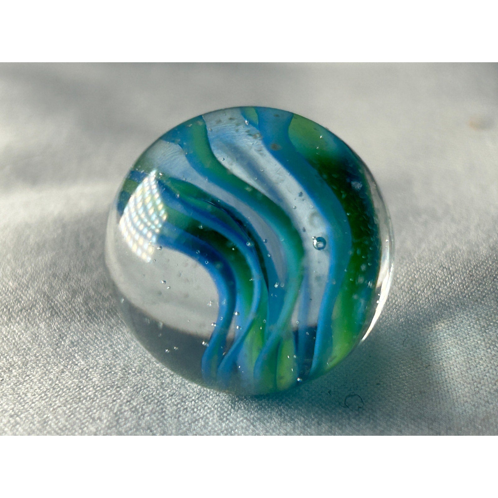 Blue Green Ribbon Art Glass Marble Handmade Style Swirl 0.7 Inch