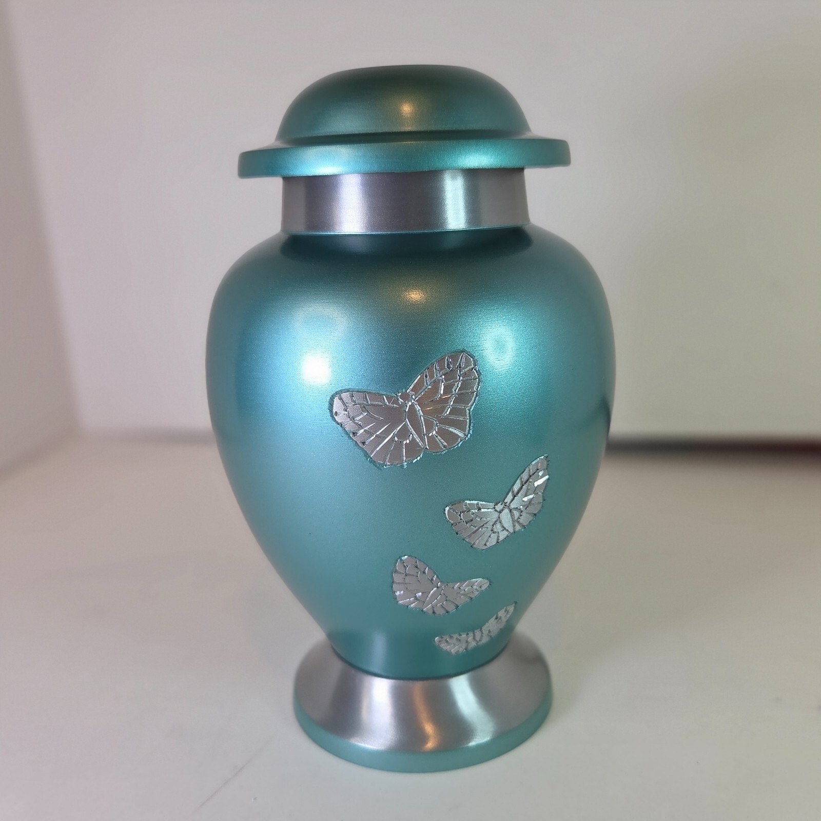 Butterfly Gathering Urn for Human/Pet Ashes 7" Turquoise Metal