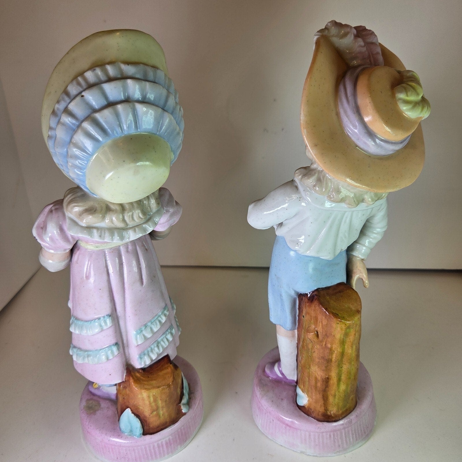 Vintage Bisque Boy & Girl Umbrella Figurines Porcelain 10-11" Pair Collectible