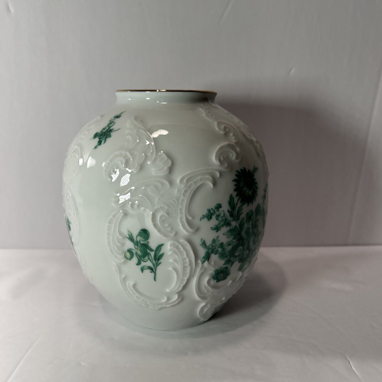 Vintage KPM Bavaria Royal Porcelain Vase Embossed Floral Green Gold Rim Germany