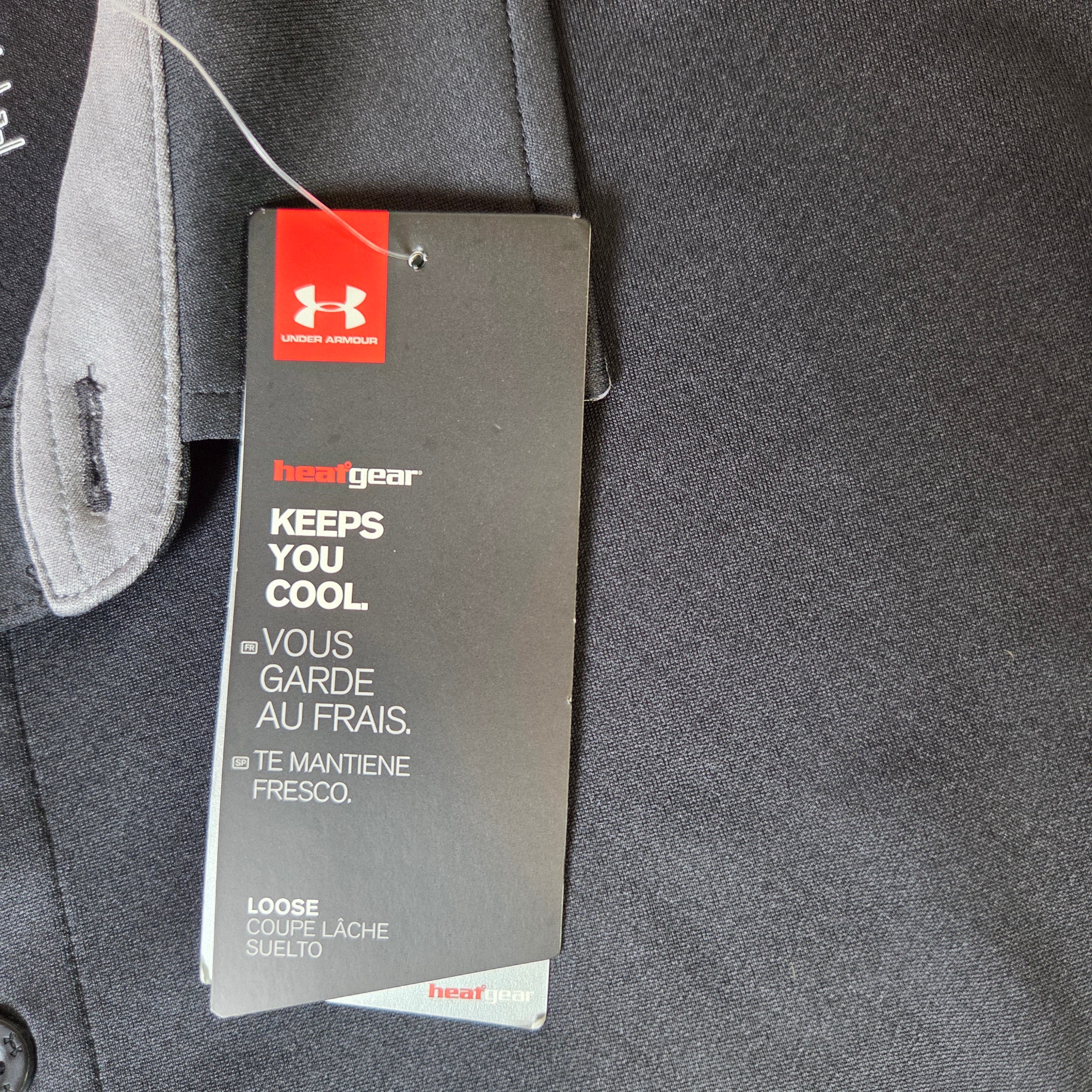 Under Armour Men's LG Black Golf Shirt with gray stipe and inside collar