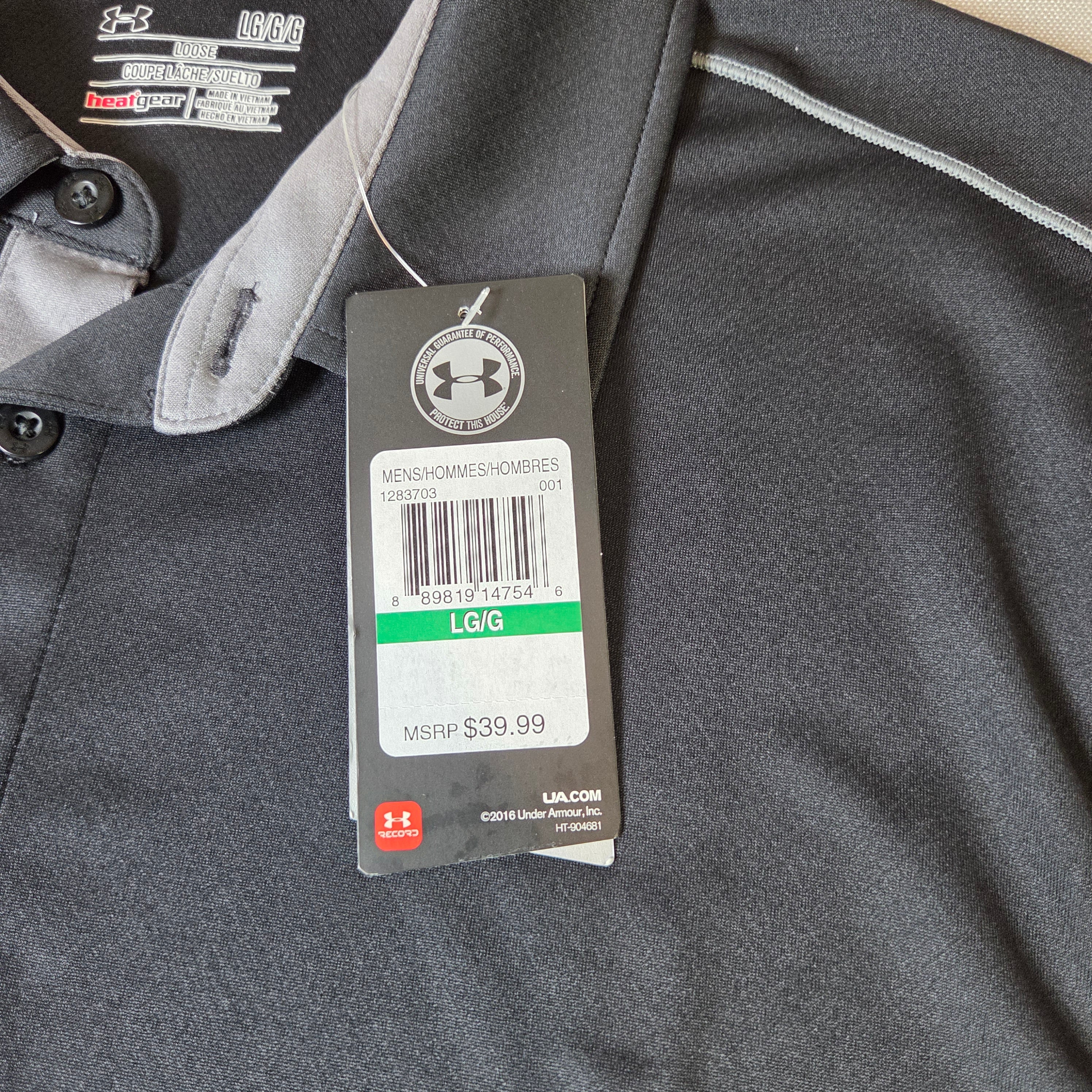 Under Armour Men's LG Black Golf Shirt with gray stipe and inside collar