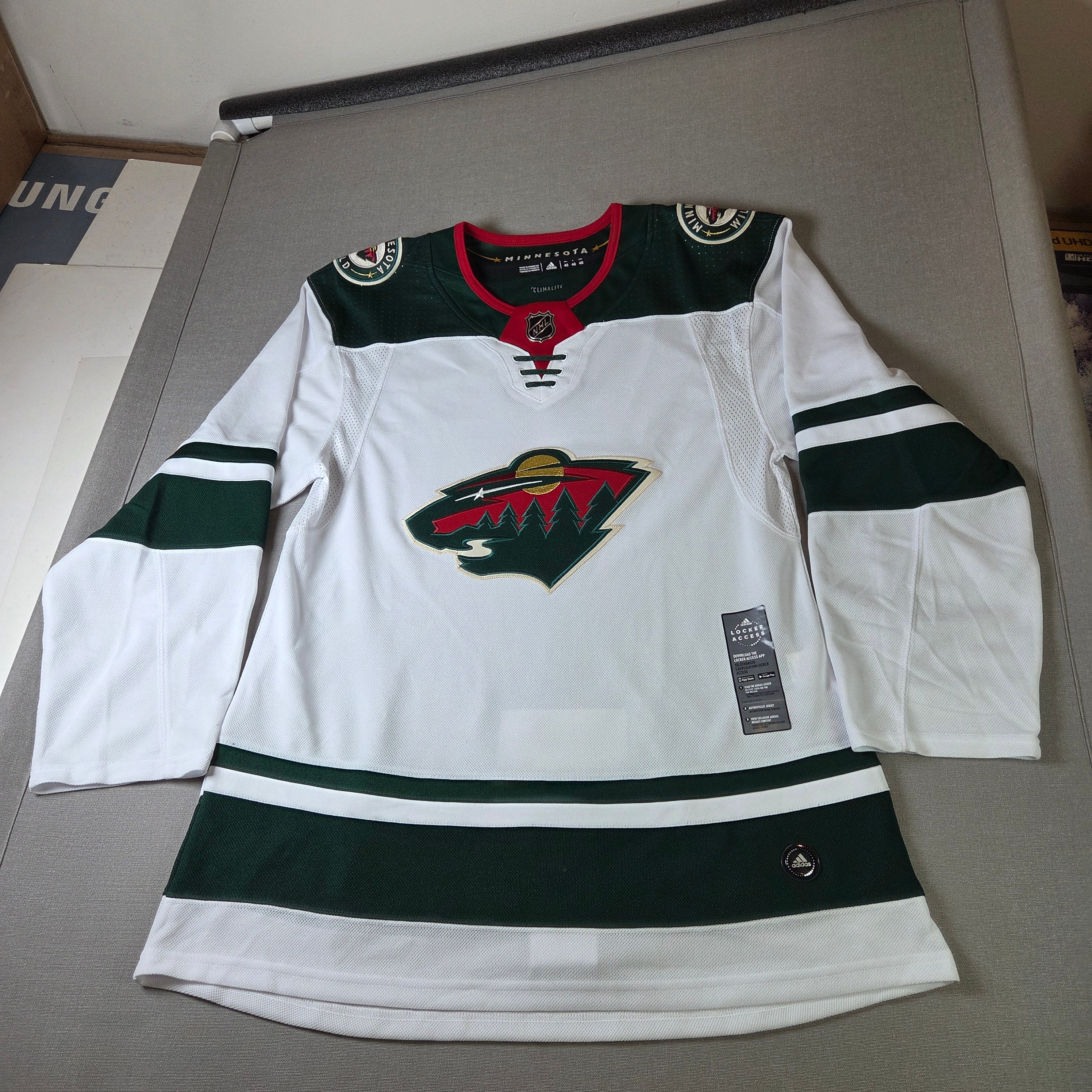 Minnesota Wild Adidas Jersey White Size 46 Climalite NHL Hockey Fight Strap New