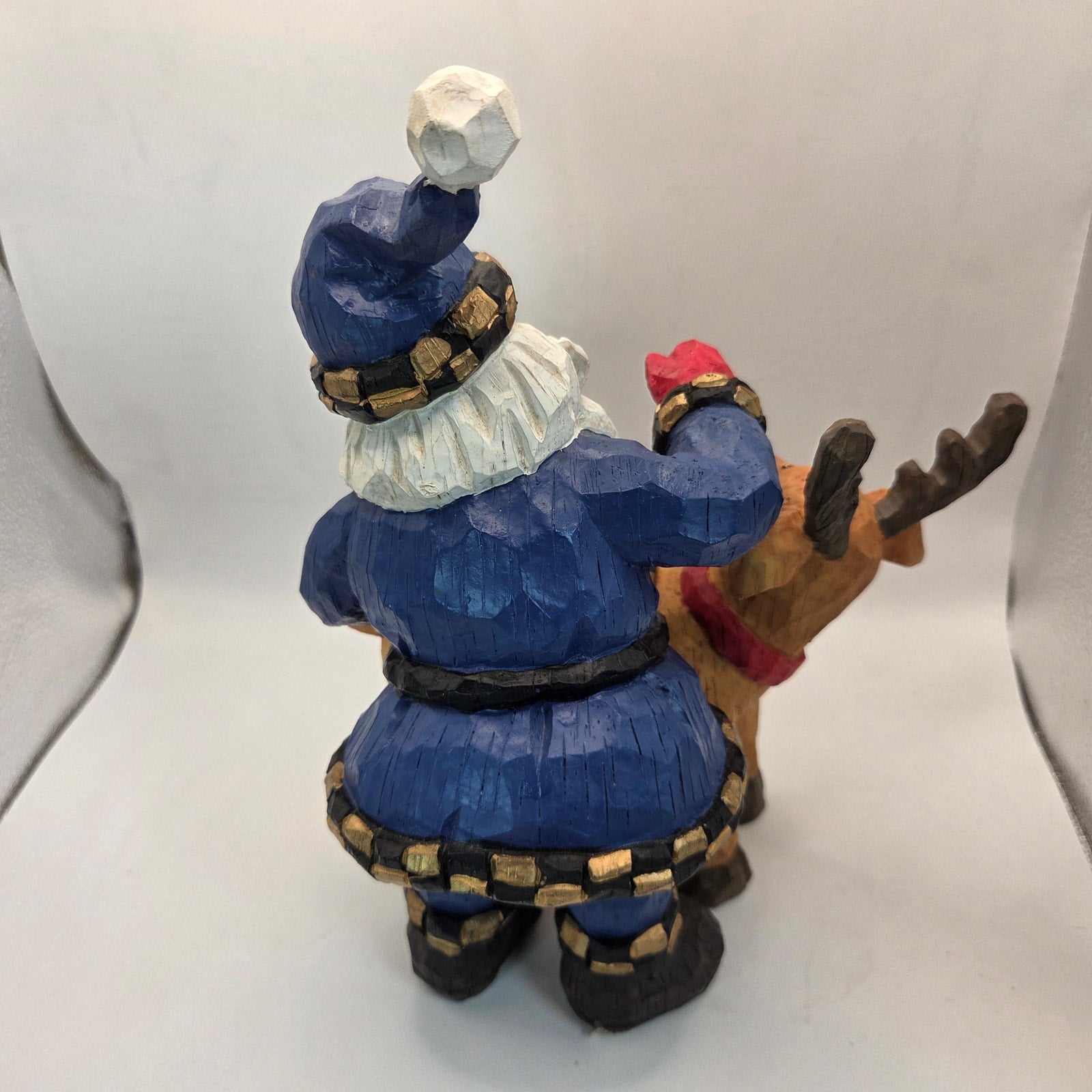 Blue Coat Santa Riding Reindeer Figurine Resin Christmas Decor 11”