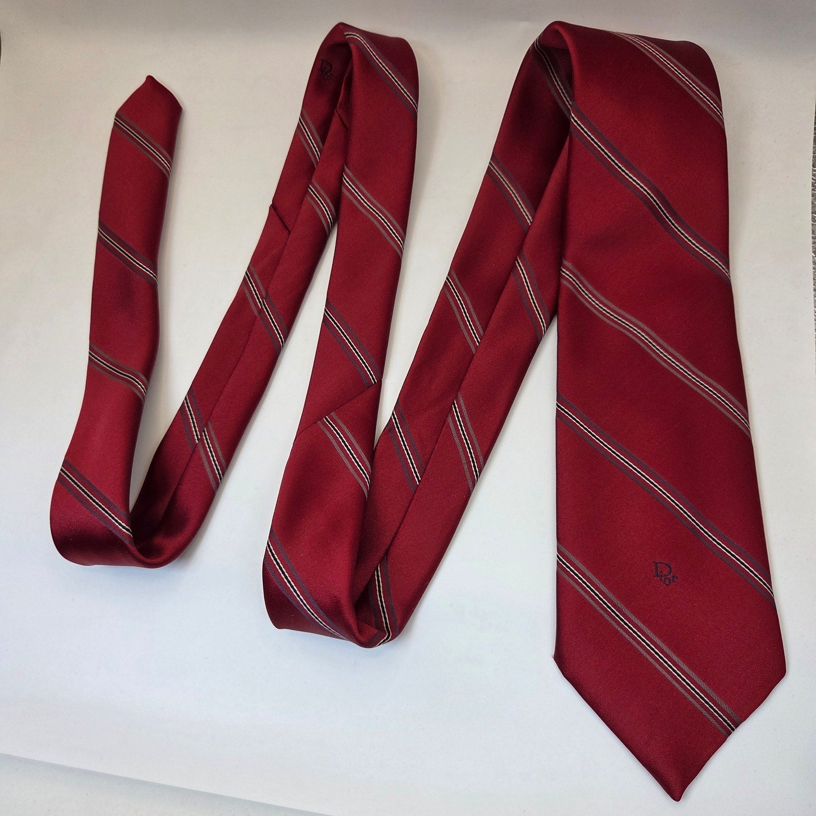 Christian Dior Vintage Red Striped Necktie USA Italy 57.5in Designer Tie