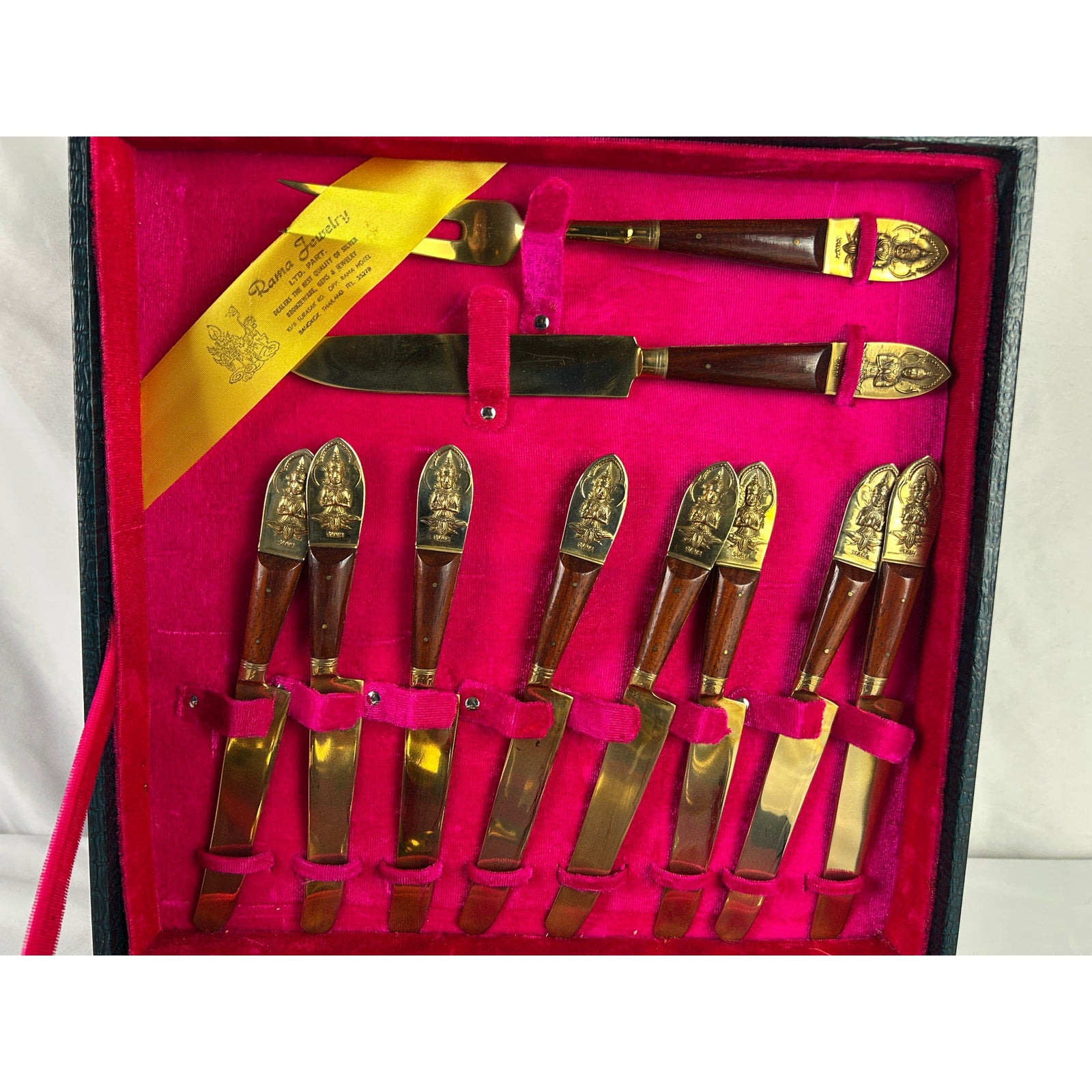 Vintage Siam Brass Bronze Flatware Serving Set Thailand 24 Pc Case