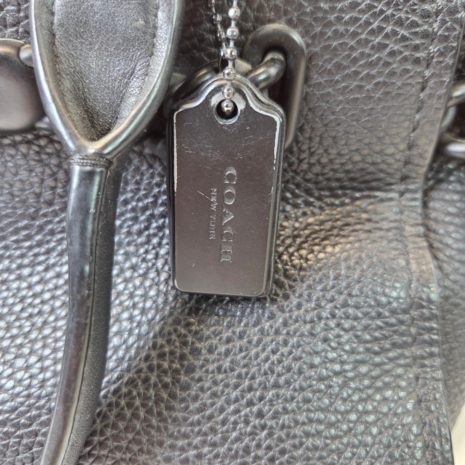 Coach Black Pebbled Leather Shoulder Satchel Tote Bag w/ Chain Detail