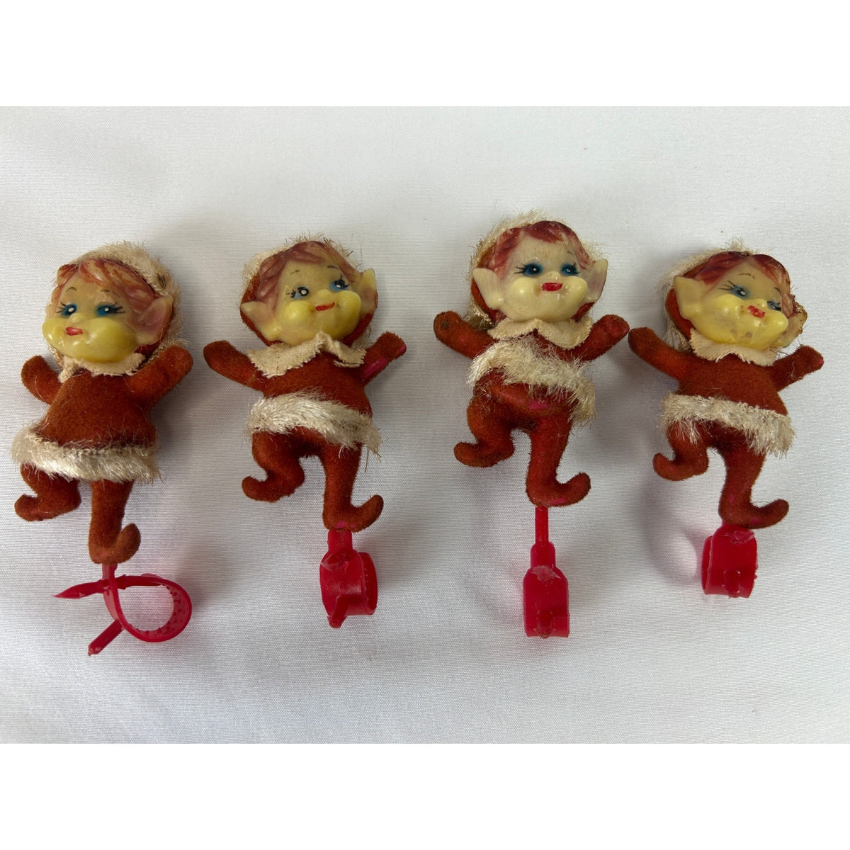 Vintage 1940s 1950s Flocked Pixie Elf Christmas Ornament Clips Lot of 4