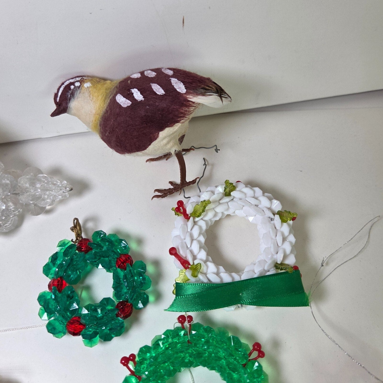 Vintage Handmade Beaded Christmas Ornaments Lot – Wreaths, Birds, More
