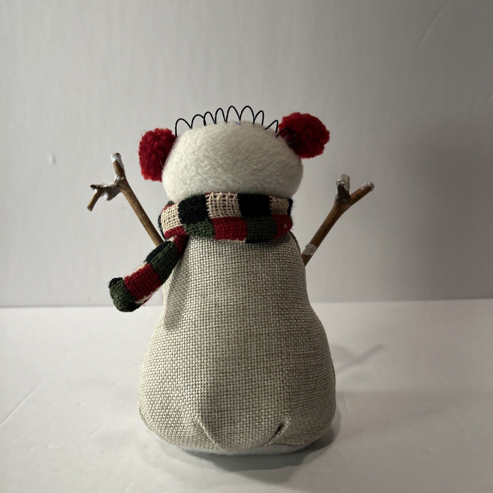 Rustic Fabric Snowman Figurine w/ Stick Arms, Earmuffs & Scarf 8" Country Decor