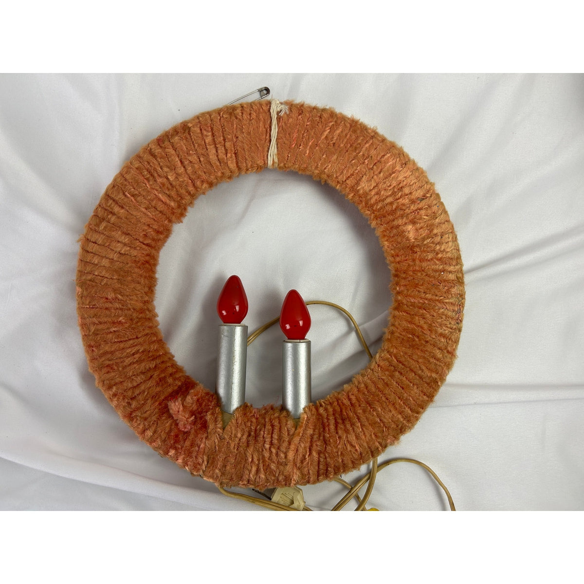Vintage 1940s Chenille Christmas Wreath Double Electric Candles 11" WORKS