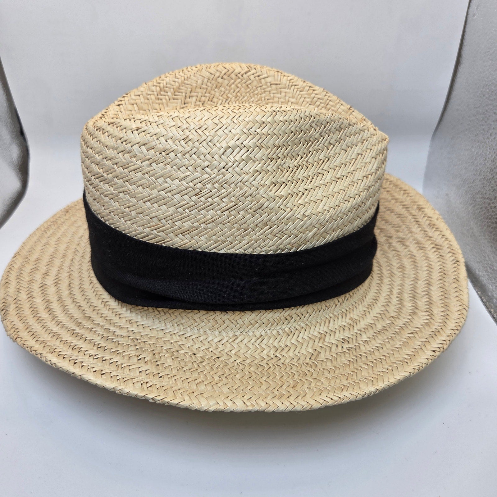 Straw Boater Hat Unbranded Black Band Flat Crown Summer Skimmer Hat