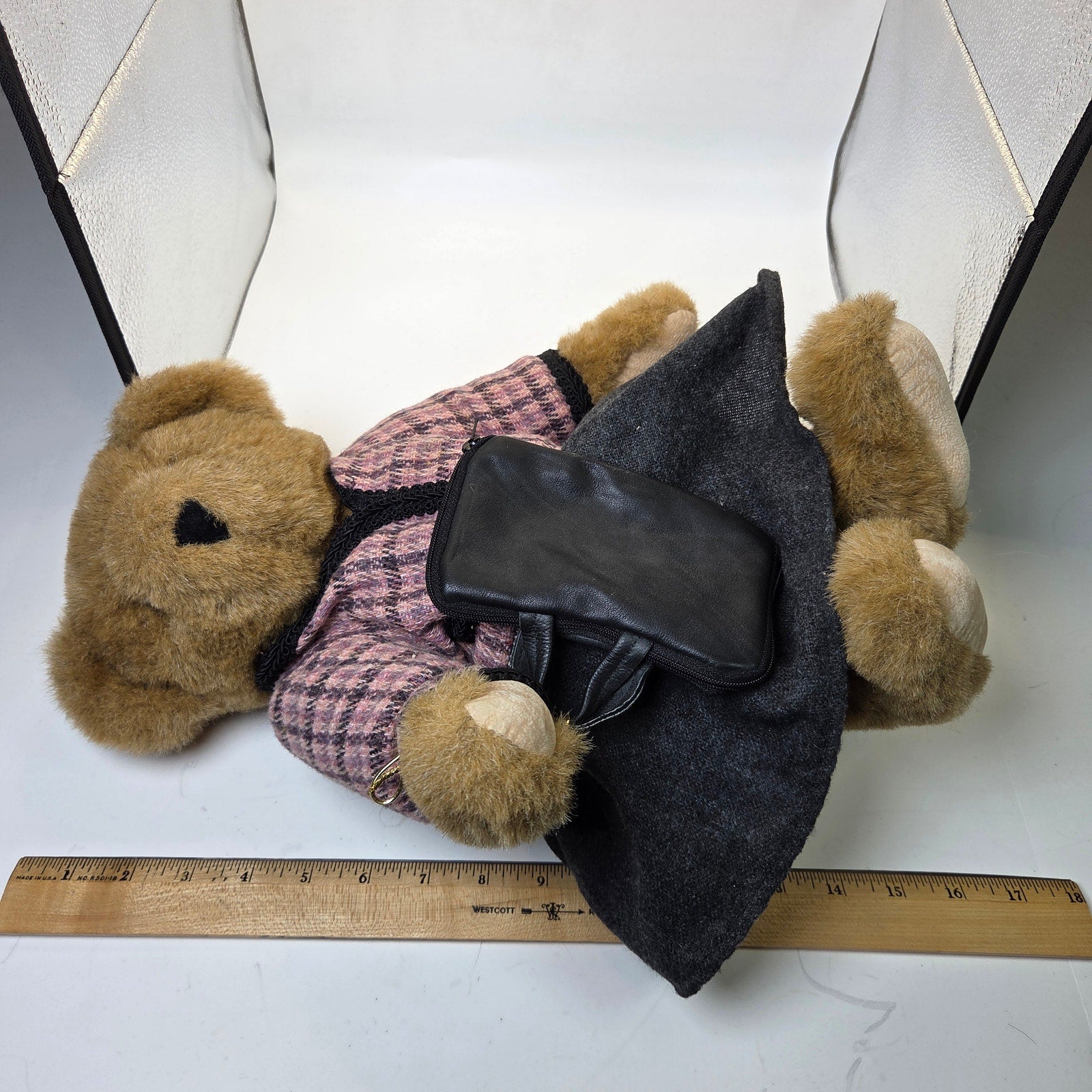 Vermont Teddy Bear Co 1994 Jointed Bear w Pink Plaid Outfit & Purse Made USA