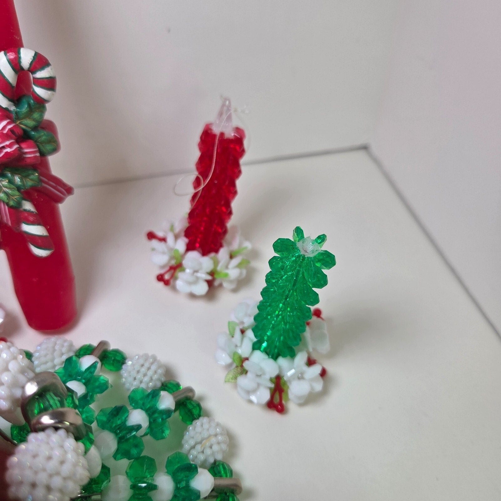 Vintage Beaded Christmas Candle Holders & Ornaments Lot of 13 + Candles