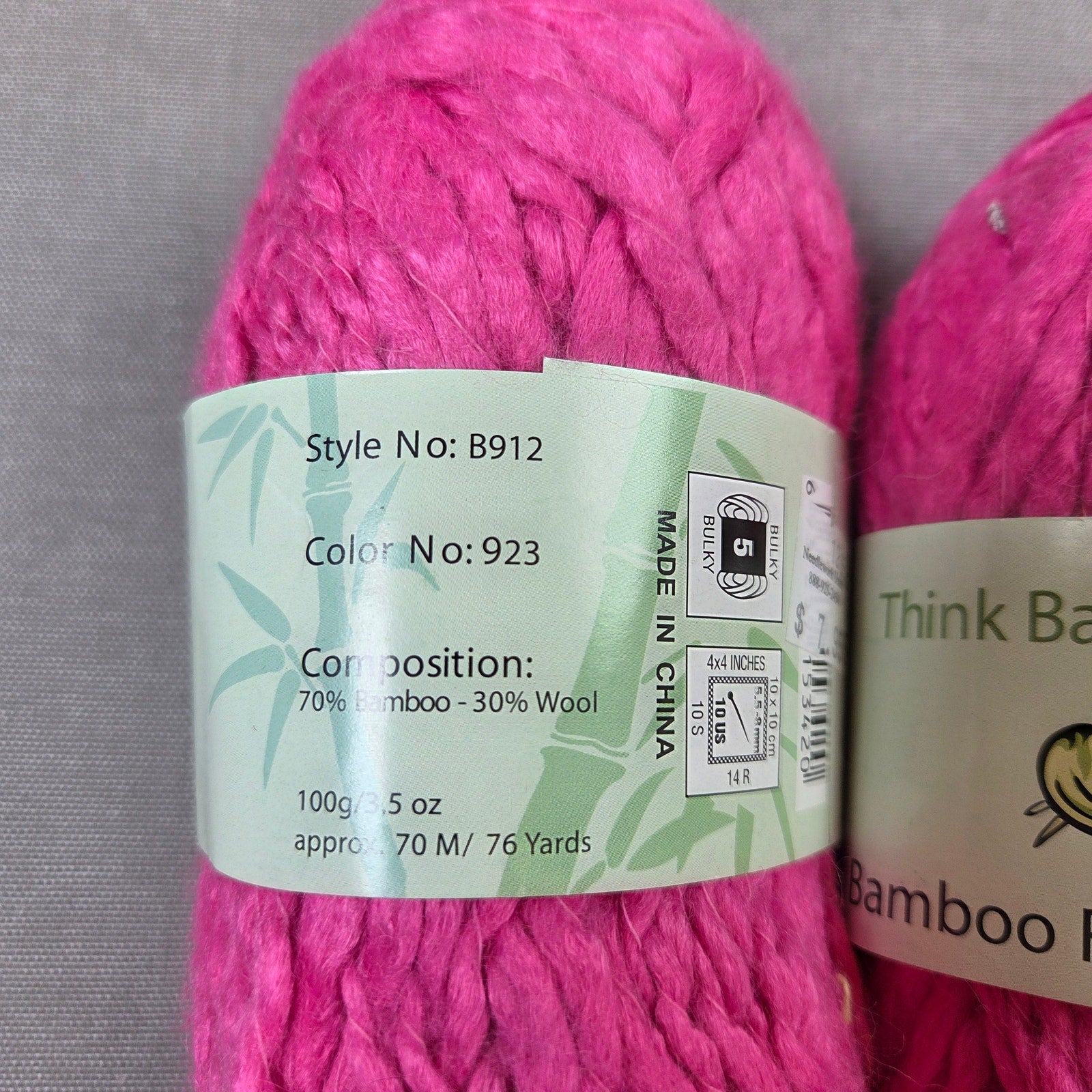 Think Bamboo Fiber Yarn Lot of 2 Style B912 Pink Color 923 Bulky Wool Blend