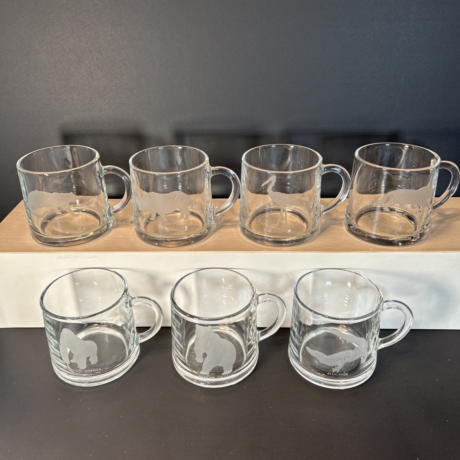 Luminarc France Endangered Species Etched Glass Espresso Mugs Set of 7 Vintage