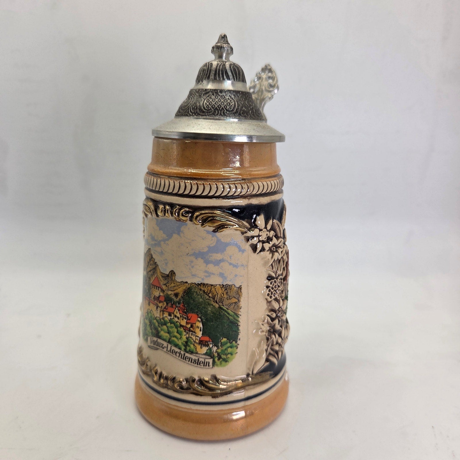 Vintage German Beer Stein Vaduz Liechtenstein Handarbeit Pewter Lid 7”