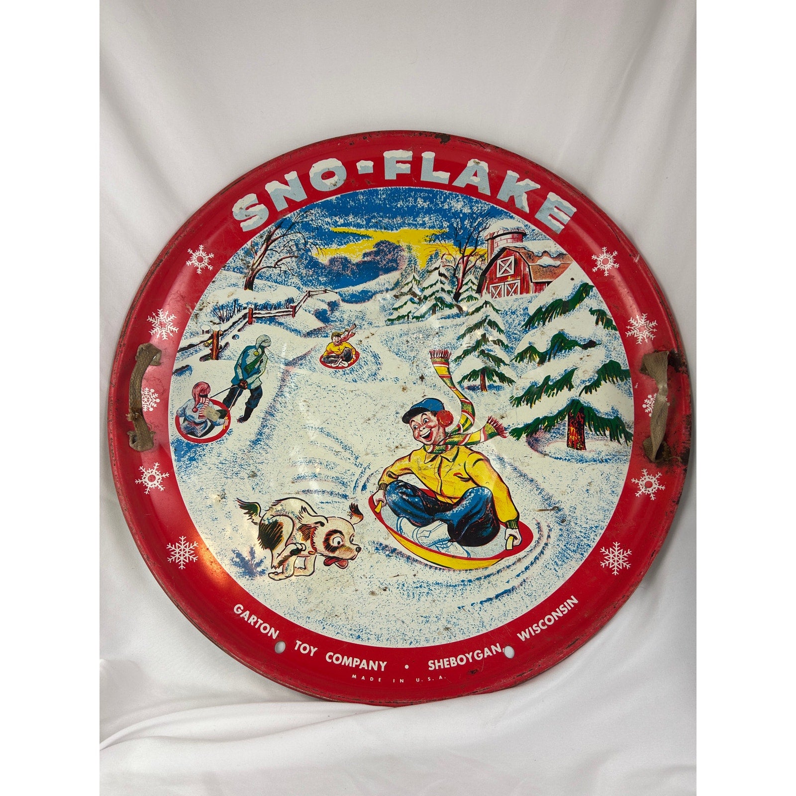Vintage Garton Toy Snow Flake Saucer Sled Metal Red USA Winter