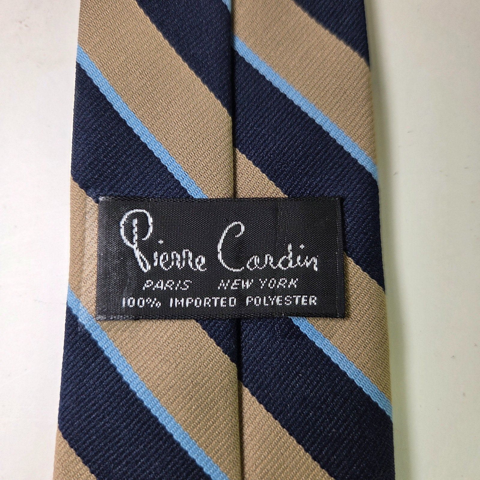 Pierre Cardin Repp Navy Tan Blue Stripe Polyester Tie 3” x 52”