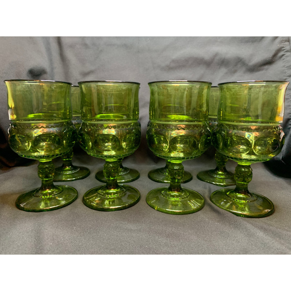 Vintage Indiana Glass Kings Crown Olive Green Goblets Set of 8 READ