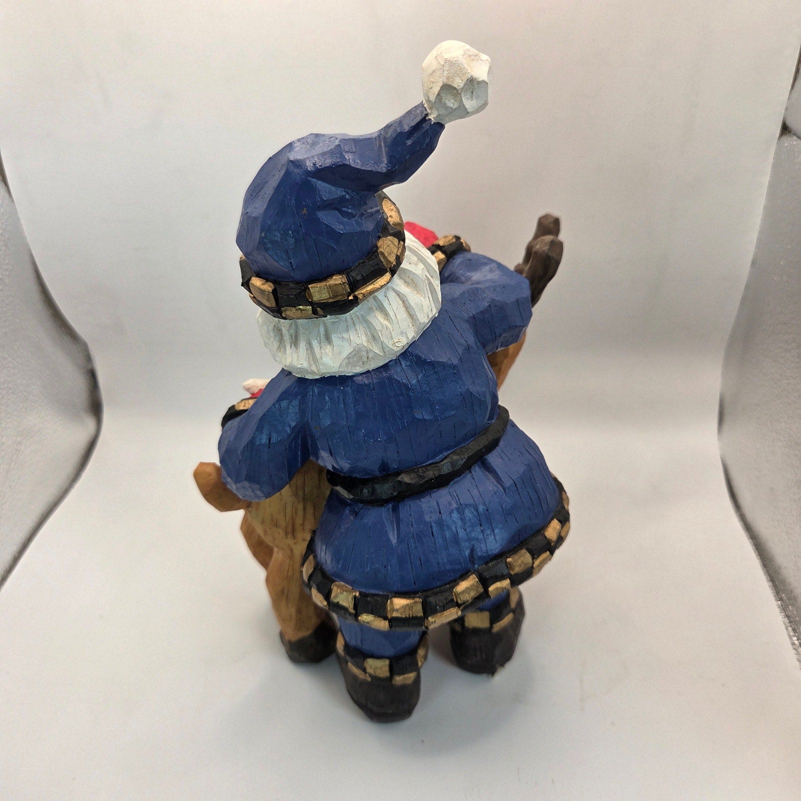 Blue Coat Santa Riding Reindeer Figurine Resin Christmas Decor 11”