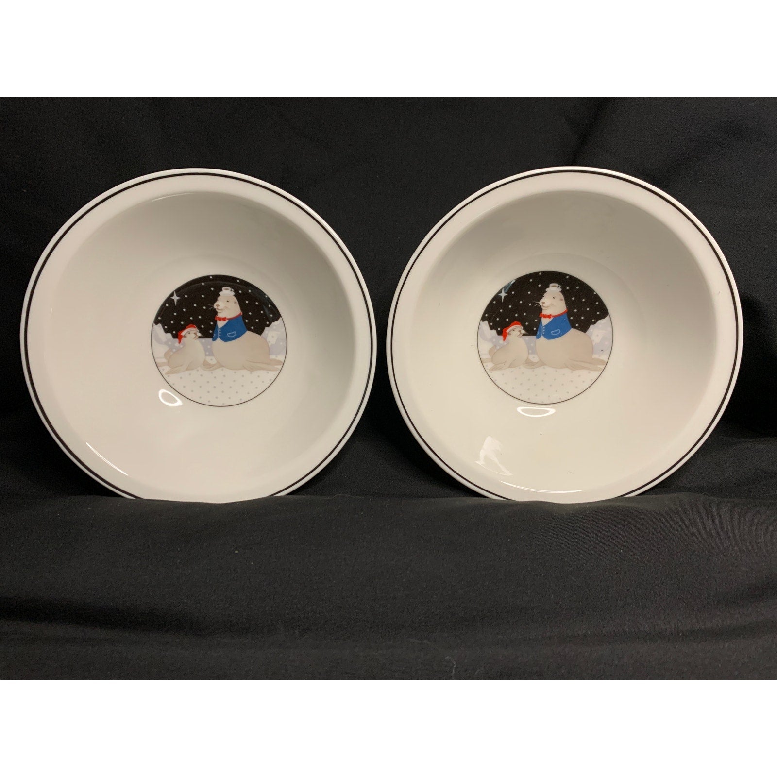 Vintage Epoch Polar Party Seal Cereal Bowls Set of 2 1997 Christmas 6.25in
