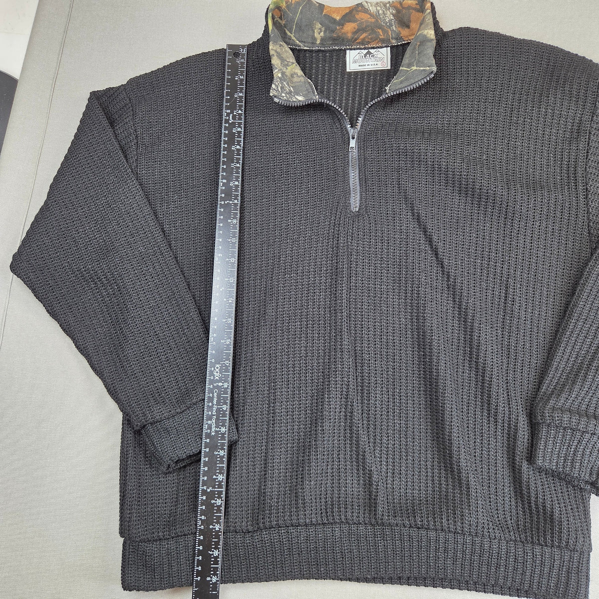 Black Mountain USA Waffle Knit 1/4 Zip Sweater Camo Collar Mens Large Black