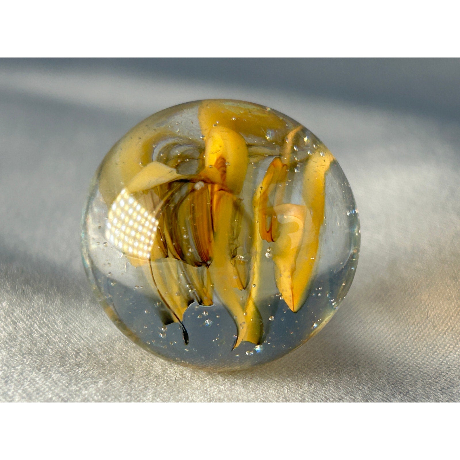 Handmade Art Glass Marble Yellow Ribbon Swirl Clear Base 0.95 Inch