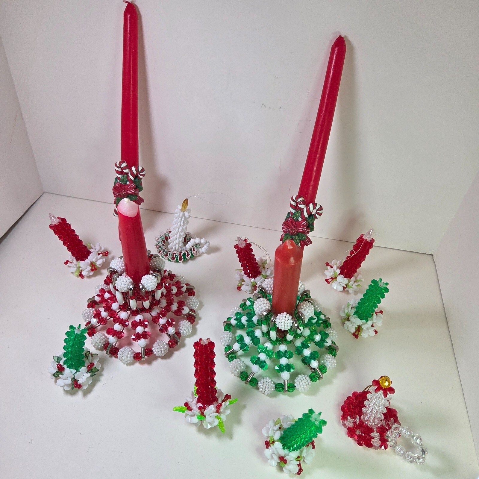 Vintage Beaded Christmas Candle Holders & Ornaments Lot of 13 + Candles