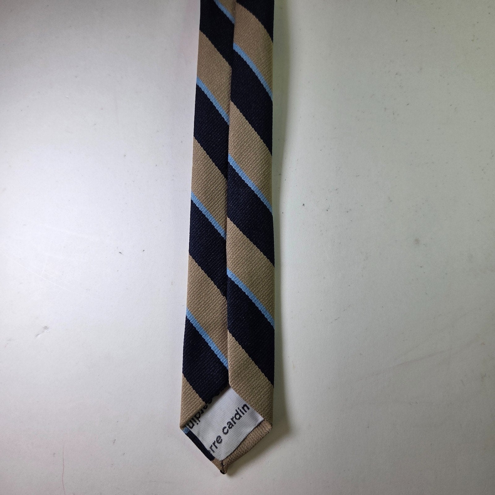 Pierre Cardin Repp Navy Tan Blue Stripe Polyester Tie 3” x 52”