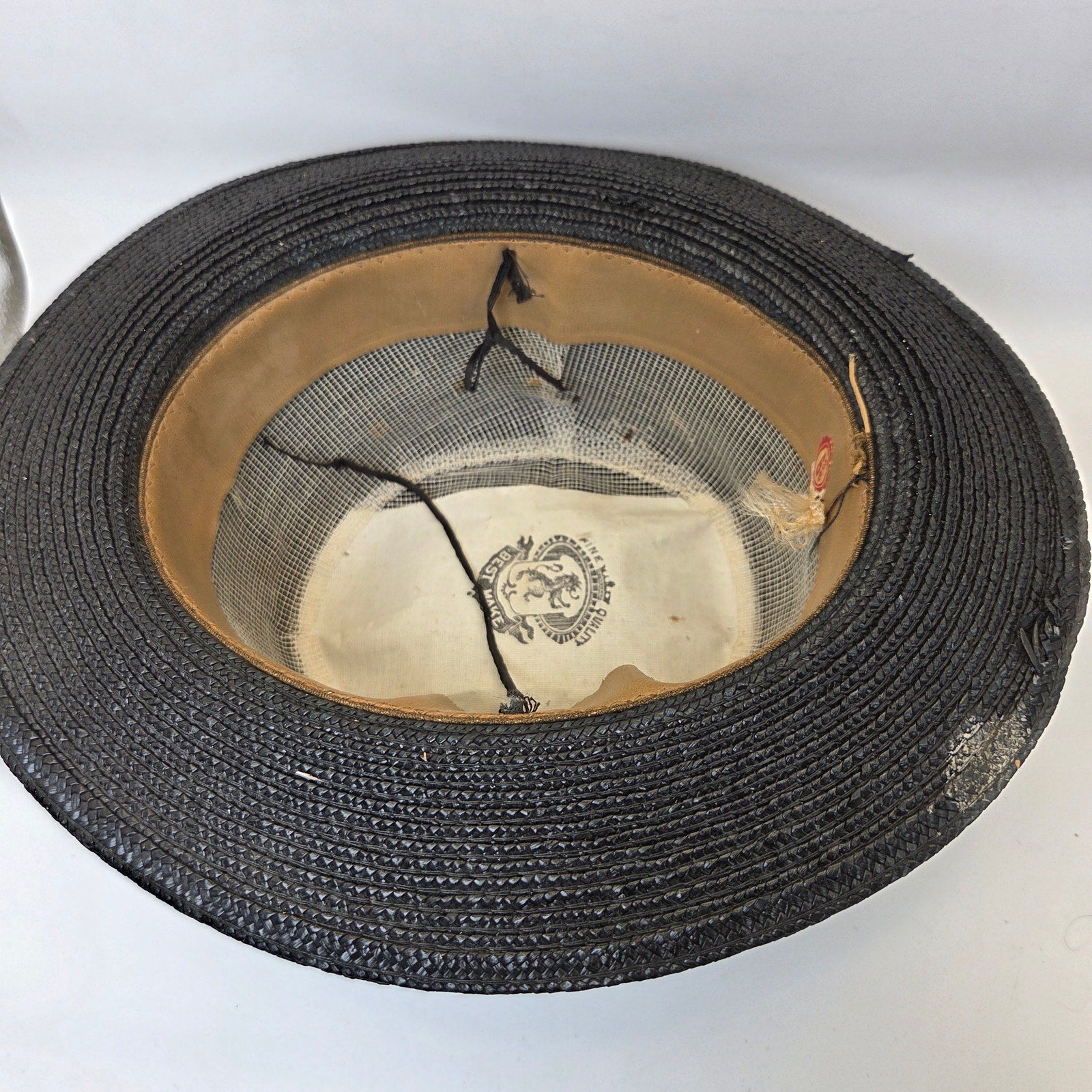 Vintage Straw Boater Hat Black Flat Top Size 6 3/8 Antique Ribbon Band