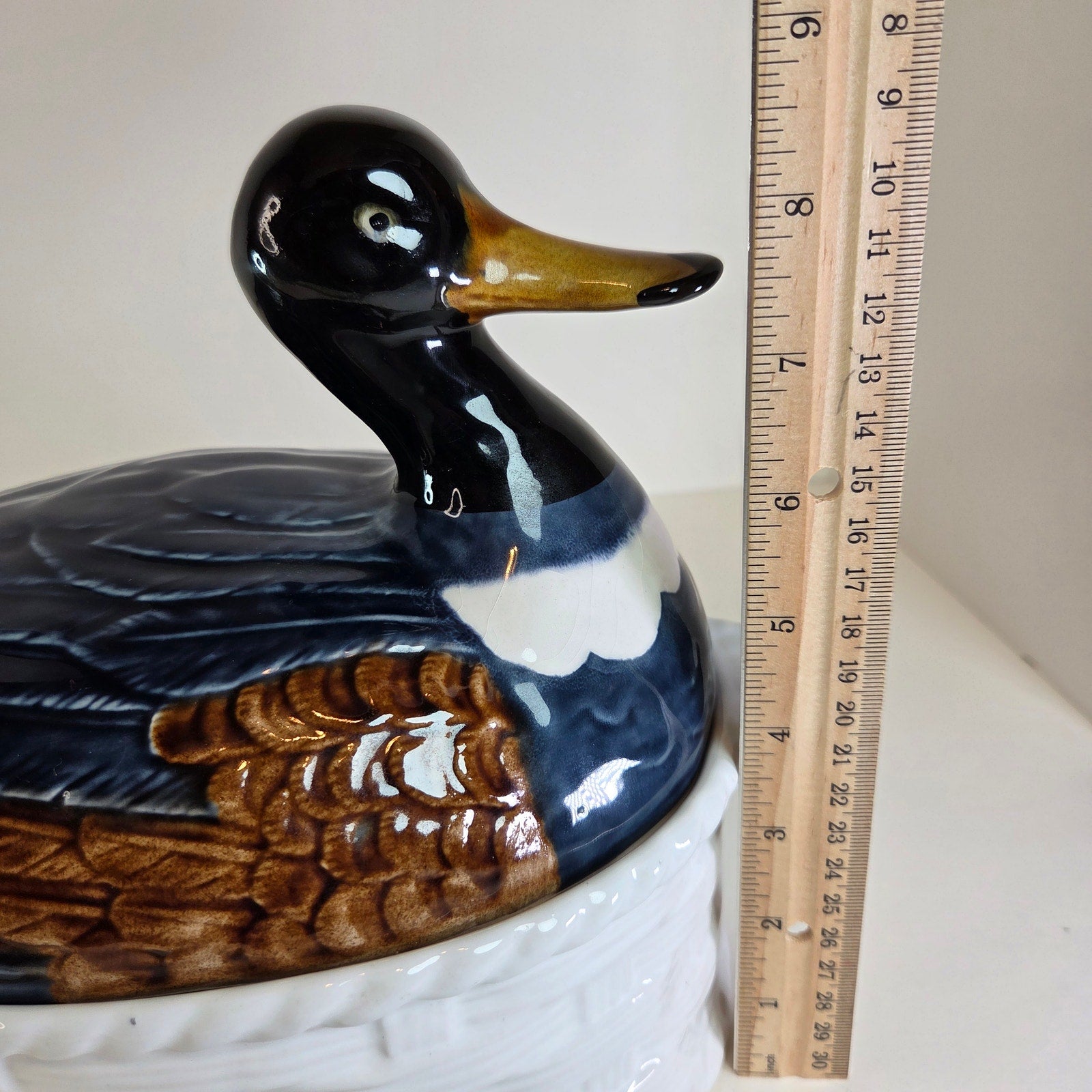 Vintage Portugal Mallard Duck Tureen Covered Ceramic Dish Basket Weave 11"