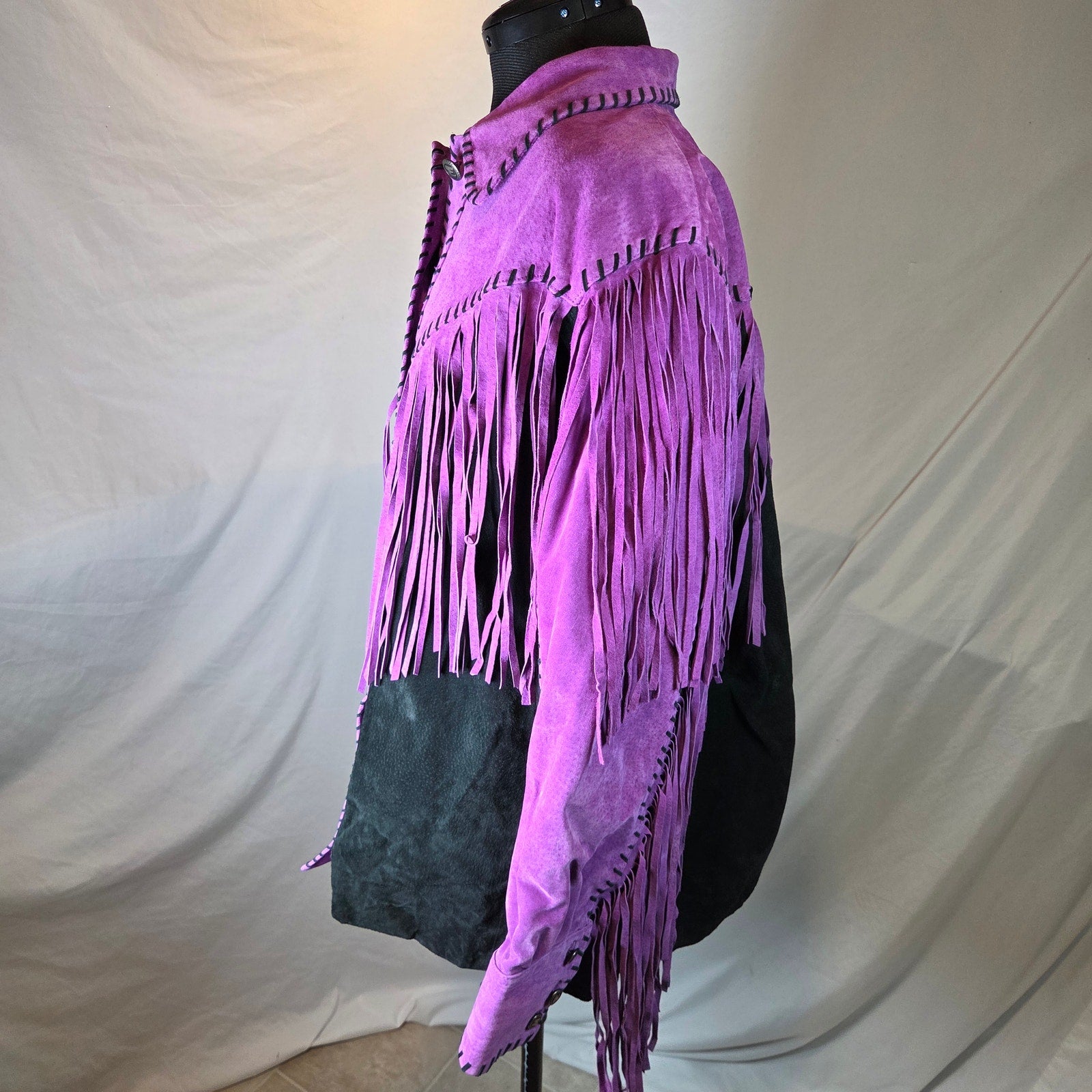 Bob Mackie Wearable Art 2X Leather Fringe Western Jacket Purple Black