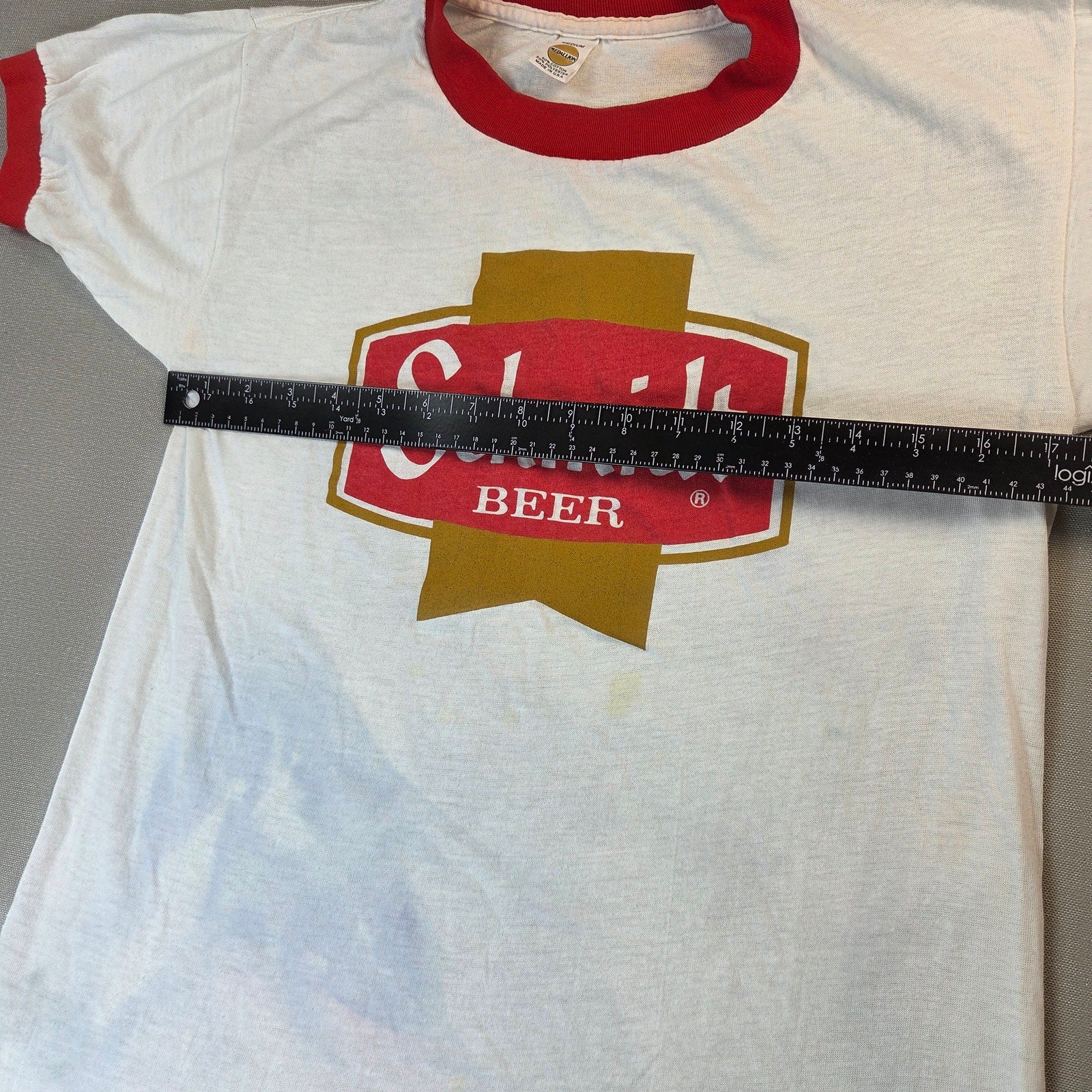 Schmidt Beer Vintage 1980s Ringer T Shirt Medallion USA Medium Stained M