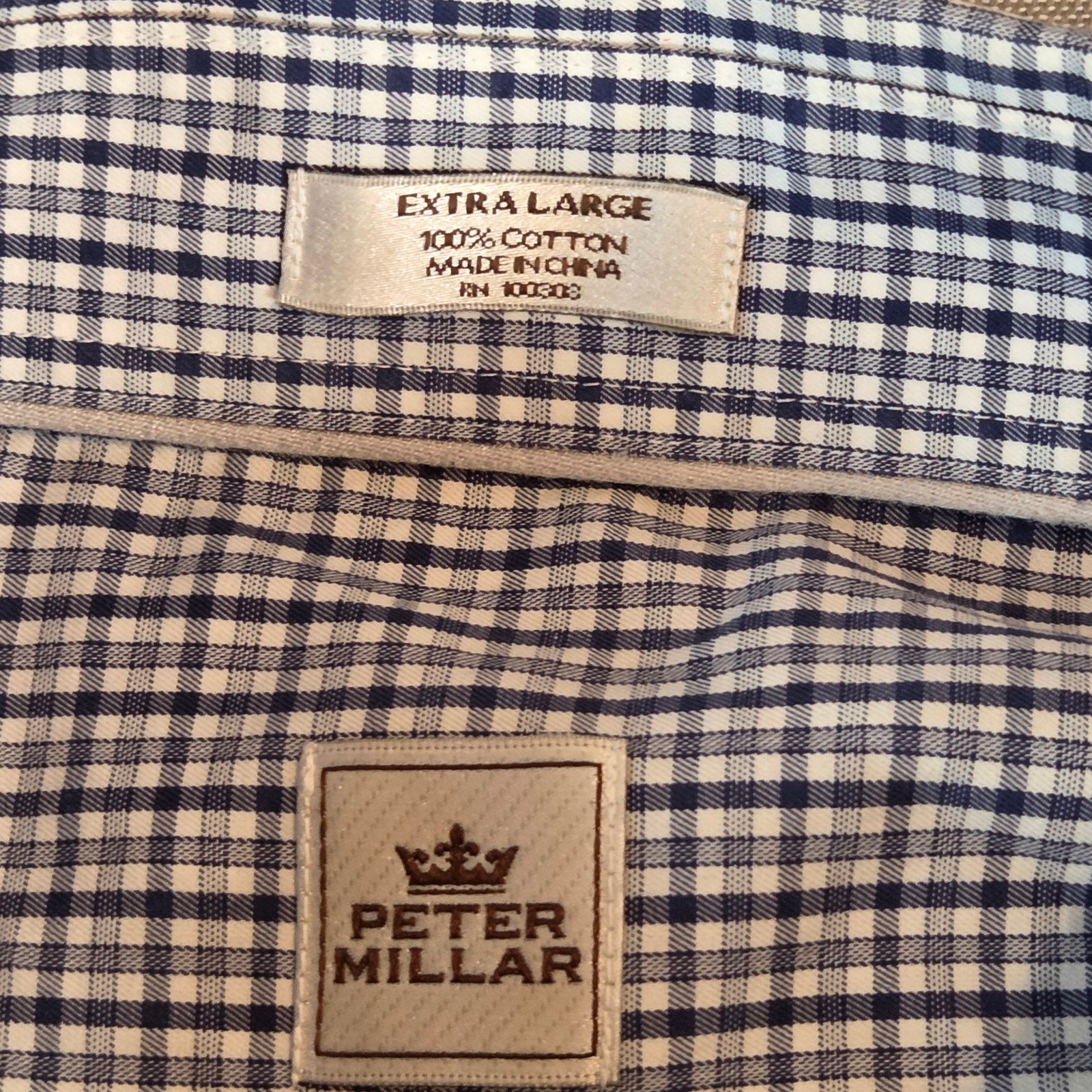 Peter Millar XL Button Up Shirt Cotton Blue White Check Short Sleeve