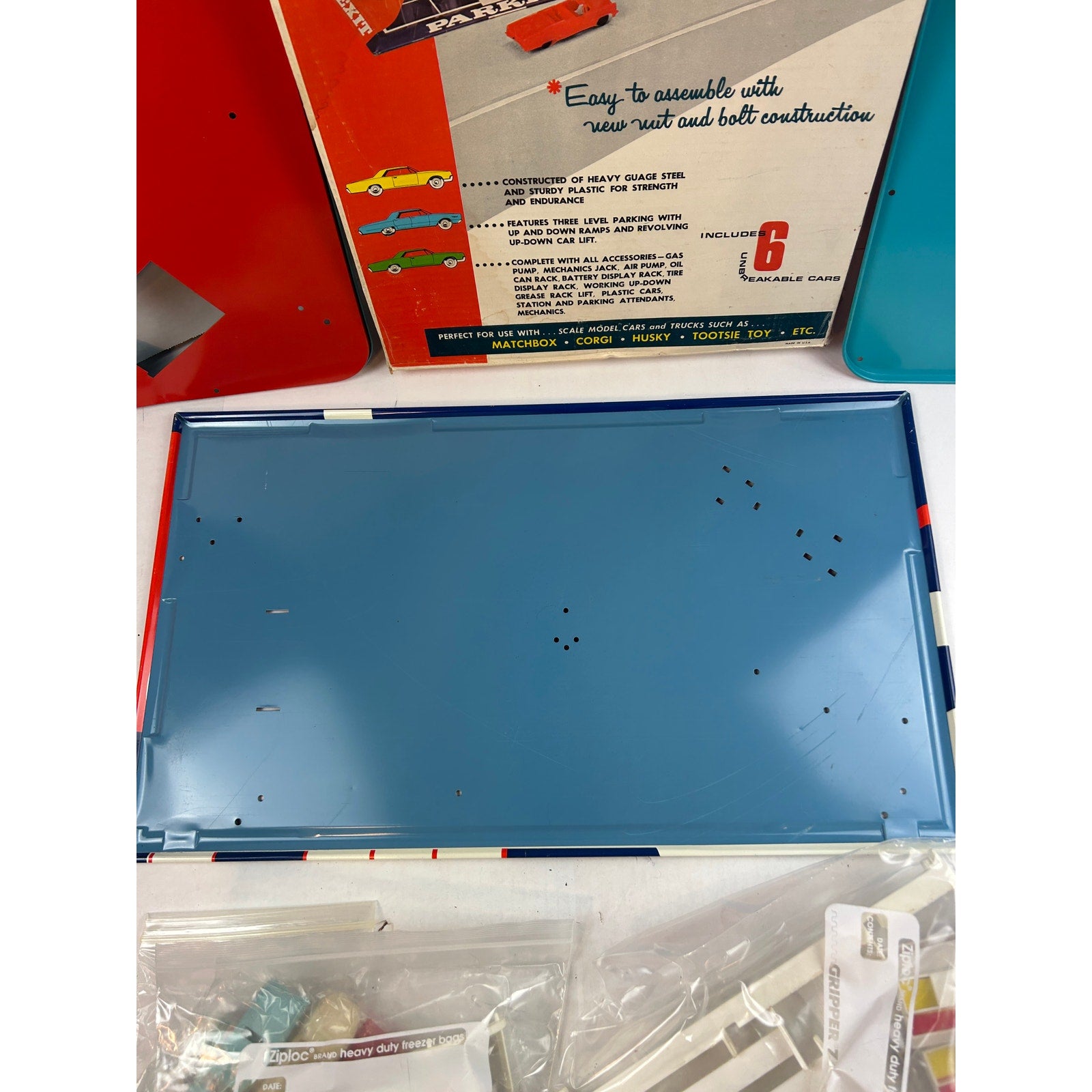 Vintage 1960s Brumberger Tri‑Level Service Station Steel Construction Set w/ Box