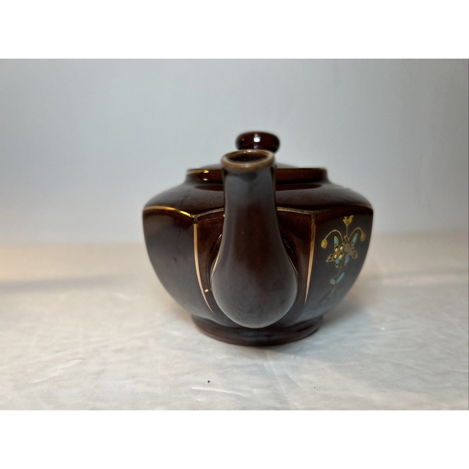 Vintage Japan Brown Ceramic Teapots with Lids – Hand Painted Floral Gold Accents